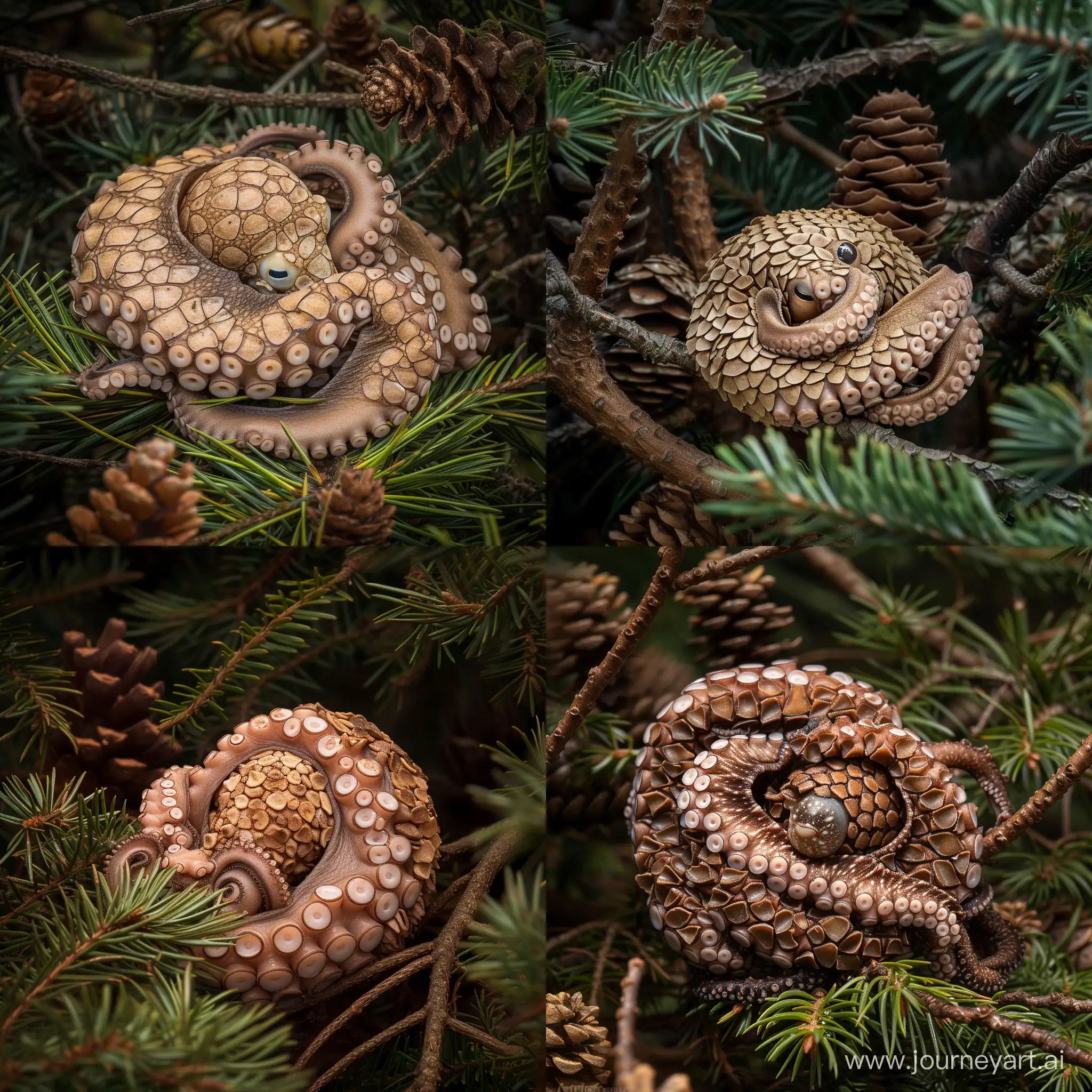 detailed crisp sharp award winning wildlife photo of a rare small pale brown octopus covered in overlapping plated pinecone scales, it is in the shape of a pinecone, curled up hiding in a pine tree, it looks exactly like a pinecone, only the eyes are visible, dense foliage with pinecones, temperate pine rainforest, bright daylight, telephoto lens, canon camera, wide shot with branches and context, good composition, Frans Lanting