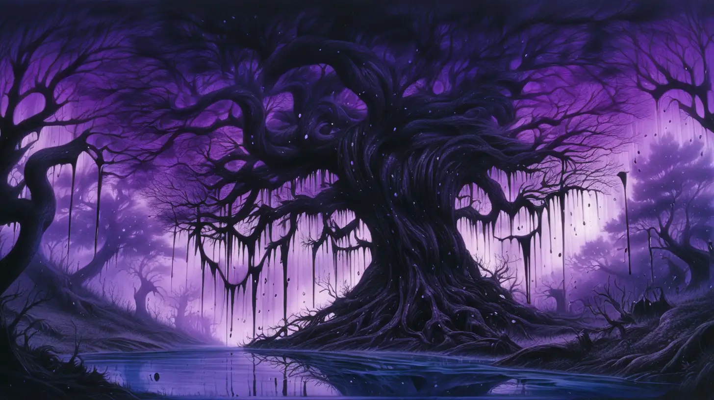 in anime style, a shadow laden dark gothic magical realm magical forest with various shades of purple, blue and black desolate landscape The sky raining with ink-black tears that pool at the bottom of the tree, the air pulsing with an ominous energy.