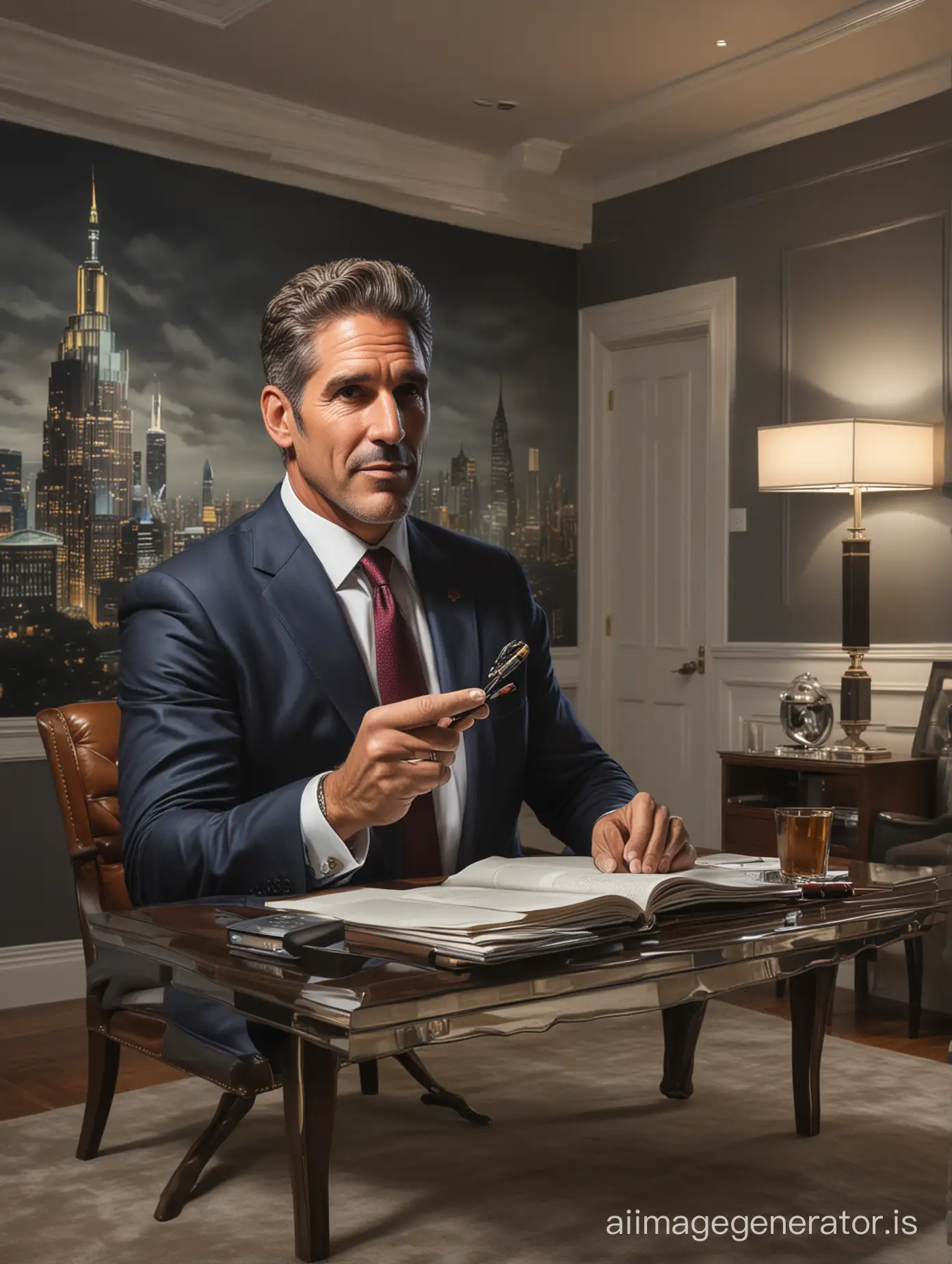 A highly realistic mural capturing Grant Cardone in an elegant, dimly lit study, in mid-conversation, with the ambiance of the room reflecting a sense of future possibilities, hyper realistic, ultra realistic details
