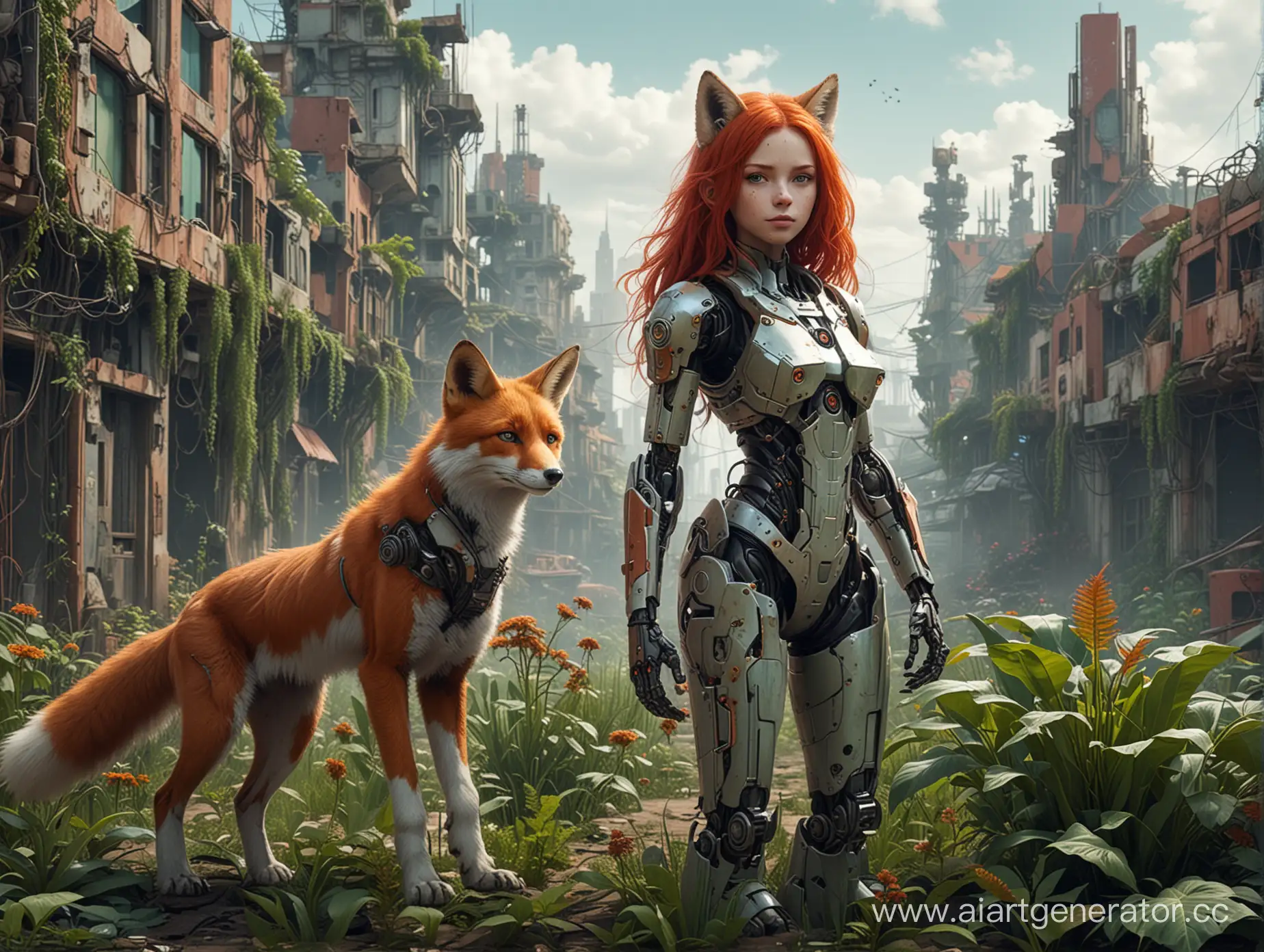 An abandoned city covered with plants. A red-haired cyborg girl with a pet fox robot