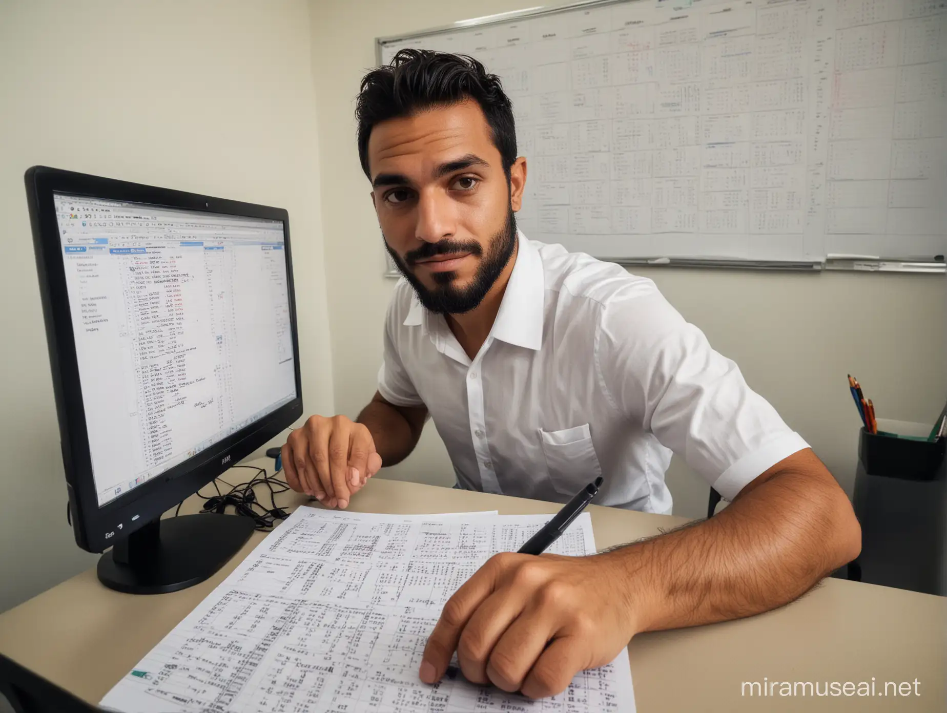 Focused Brazilian Man Creating Spreadsheet in Office Environment