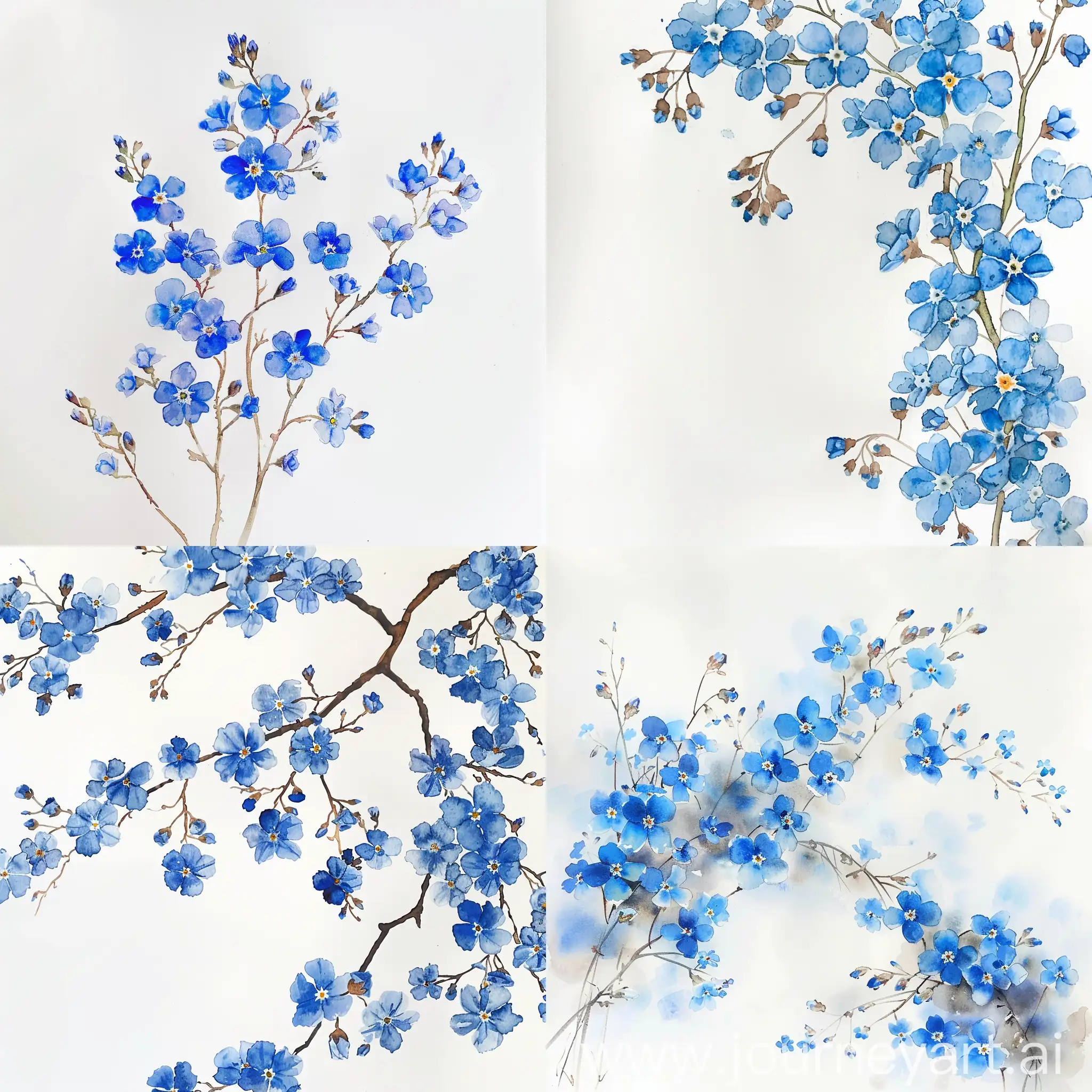 Craft a beautiful watercolor painting of forget me not, on a white background. Explore the delicate details of the blue blossoms, creating a serene and enchanting scene, simplicity and elegance