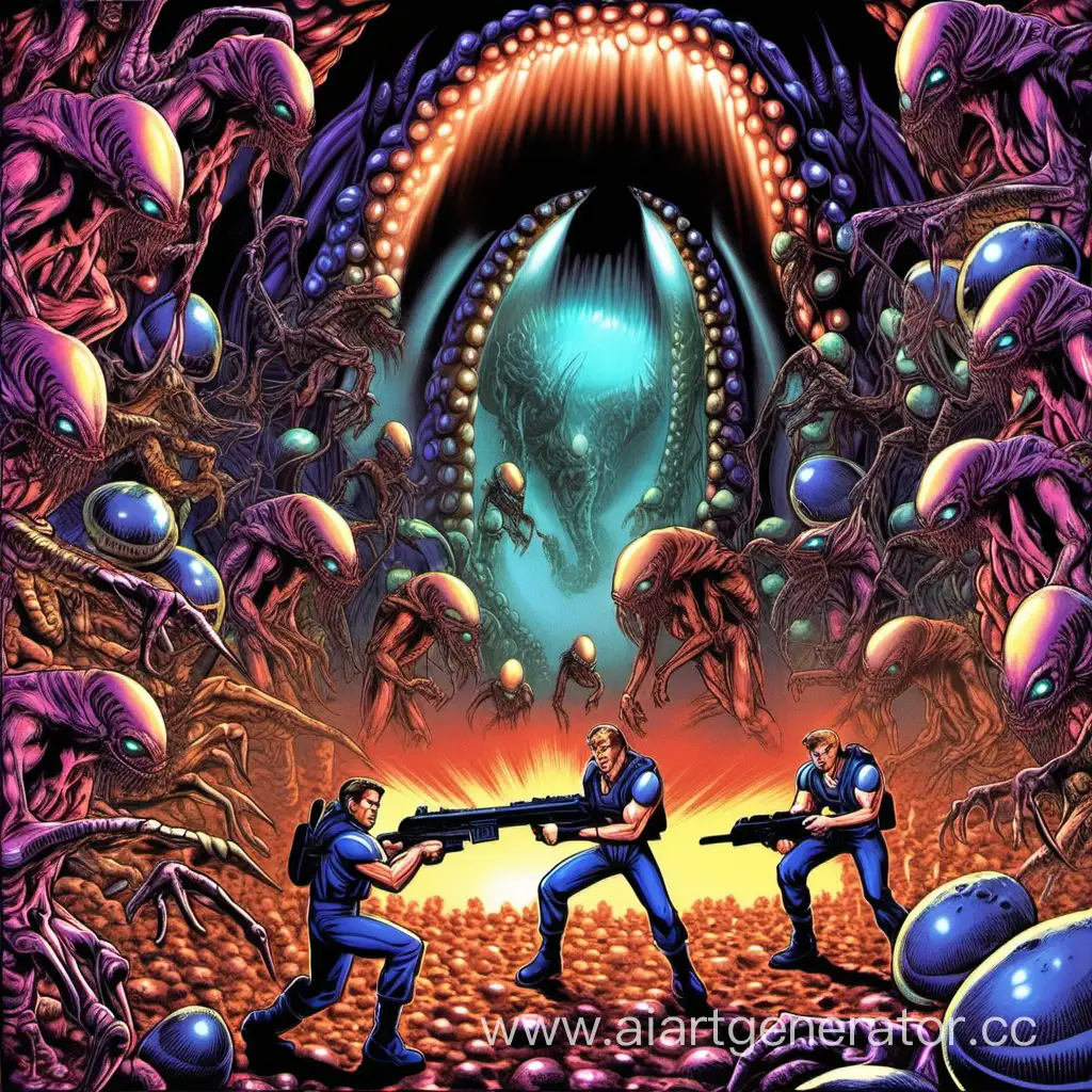 
Contra: The Alien Wars.
Билл Райзер и Лэнс Бин передвигаются с оружием в руках в логове Чужих. На фоне яйца чужих, живой мутированный организм в виде tilemap