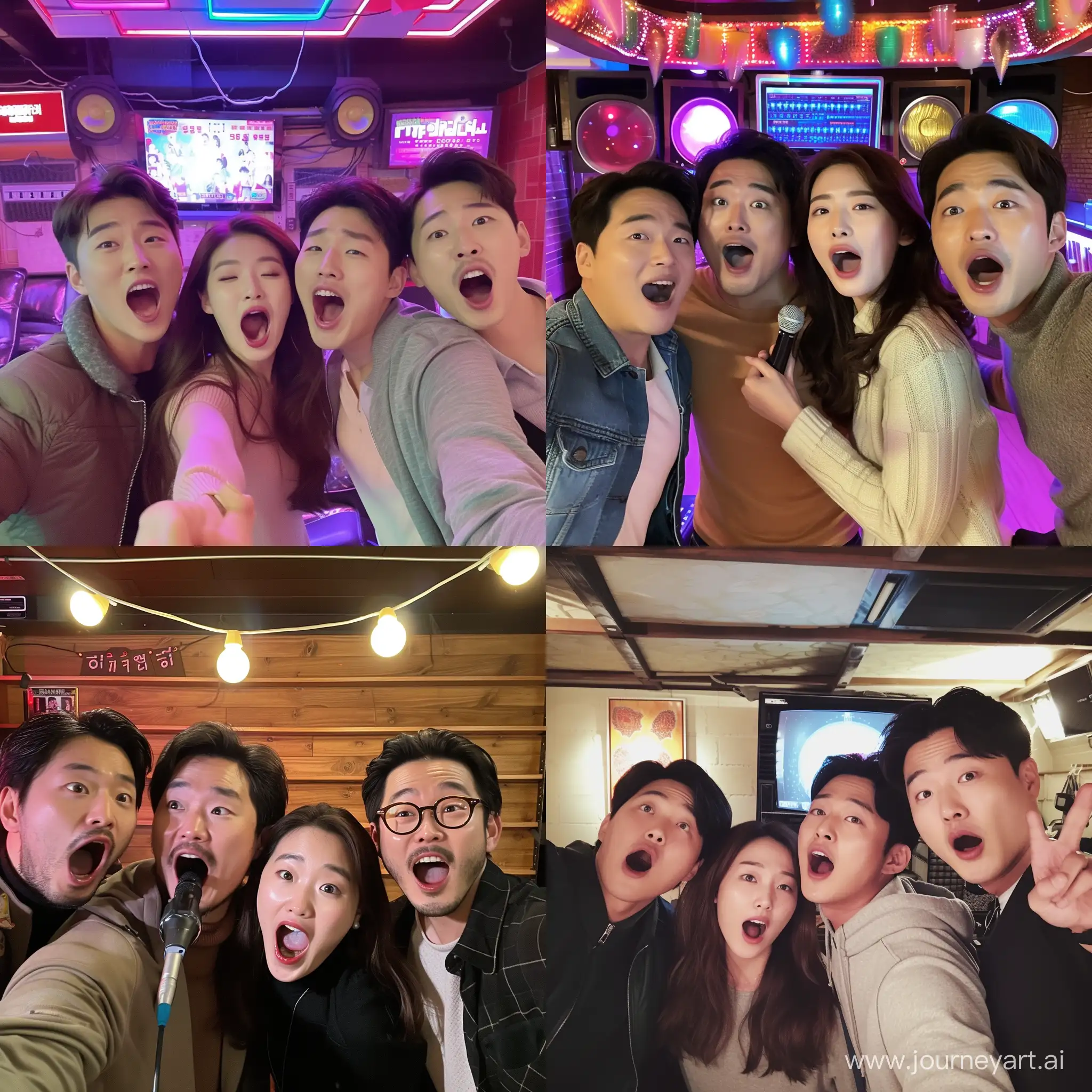 노래방에서 노래하는 한국 남자 3명과 여자 1명의 셀카 