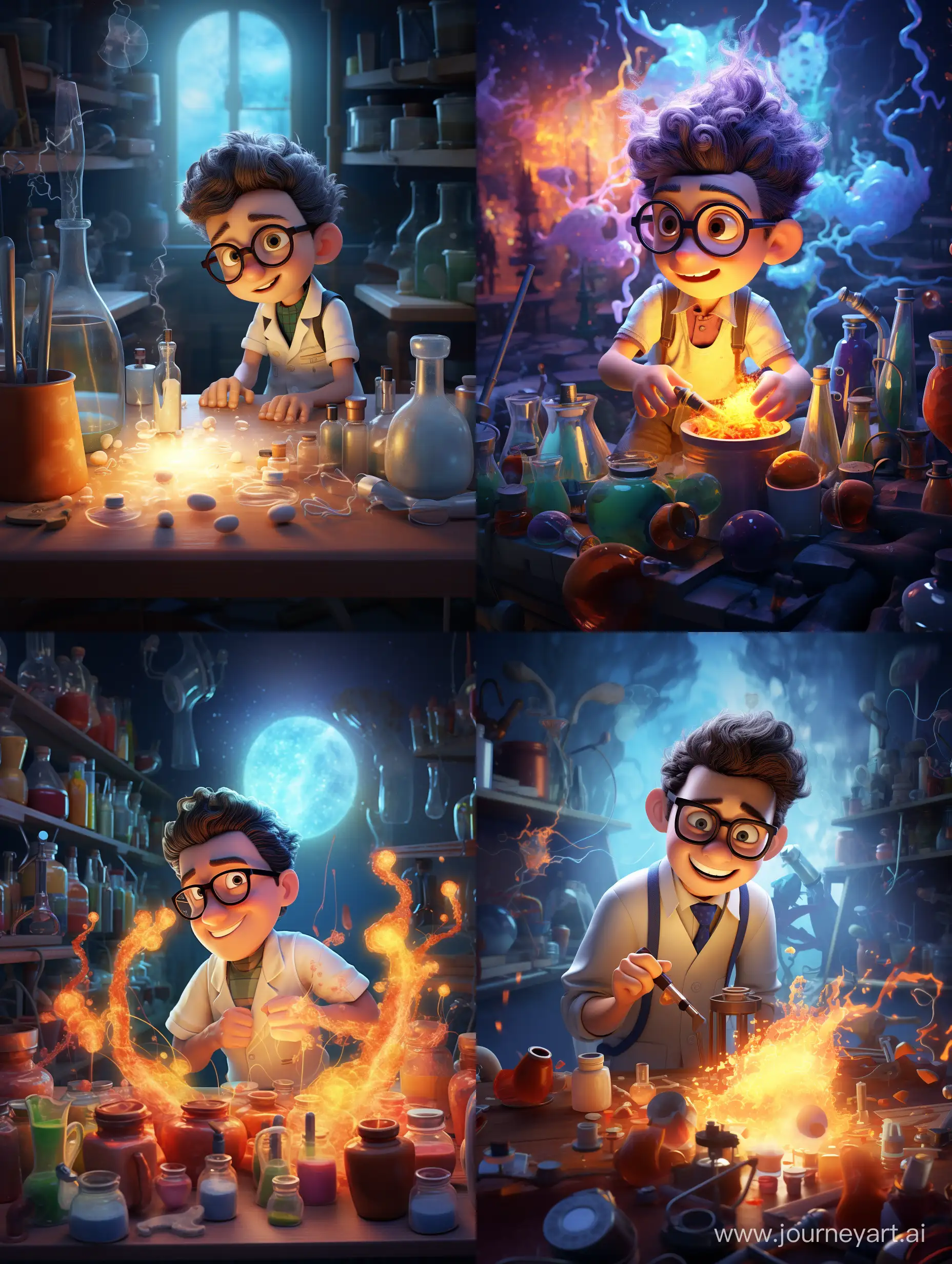 The scientist mixed the chemicals. Pixar style