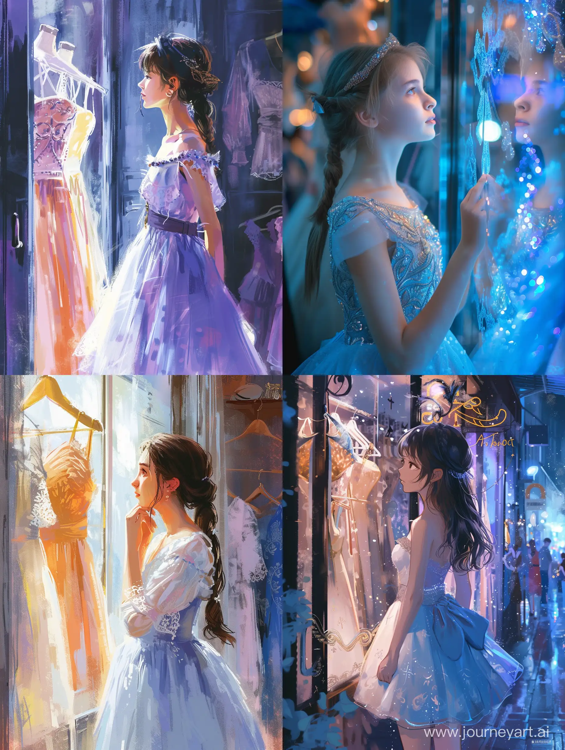 Красивая девушка смотрит на витрину магазина с платьями
