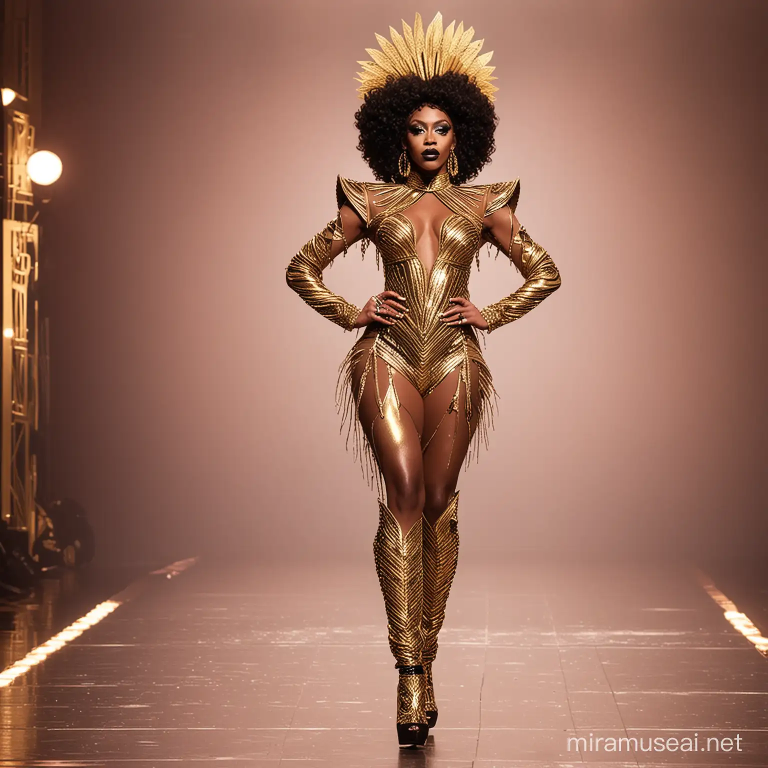 a full body image of a skinny african american drag queen walking on the Rupaul's Drag race runway wearing an outfit inspired by the prompt: black and gold