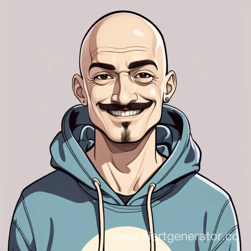 three quarters, man with square mustache and stubble, chest length, egg-shaped skull, NFT style, smile, elongated face, wide face, big thick eyebrows, bald, waist-deep, in a hoodie, graphic stylized 2D drawing, wide chin