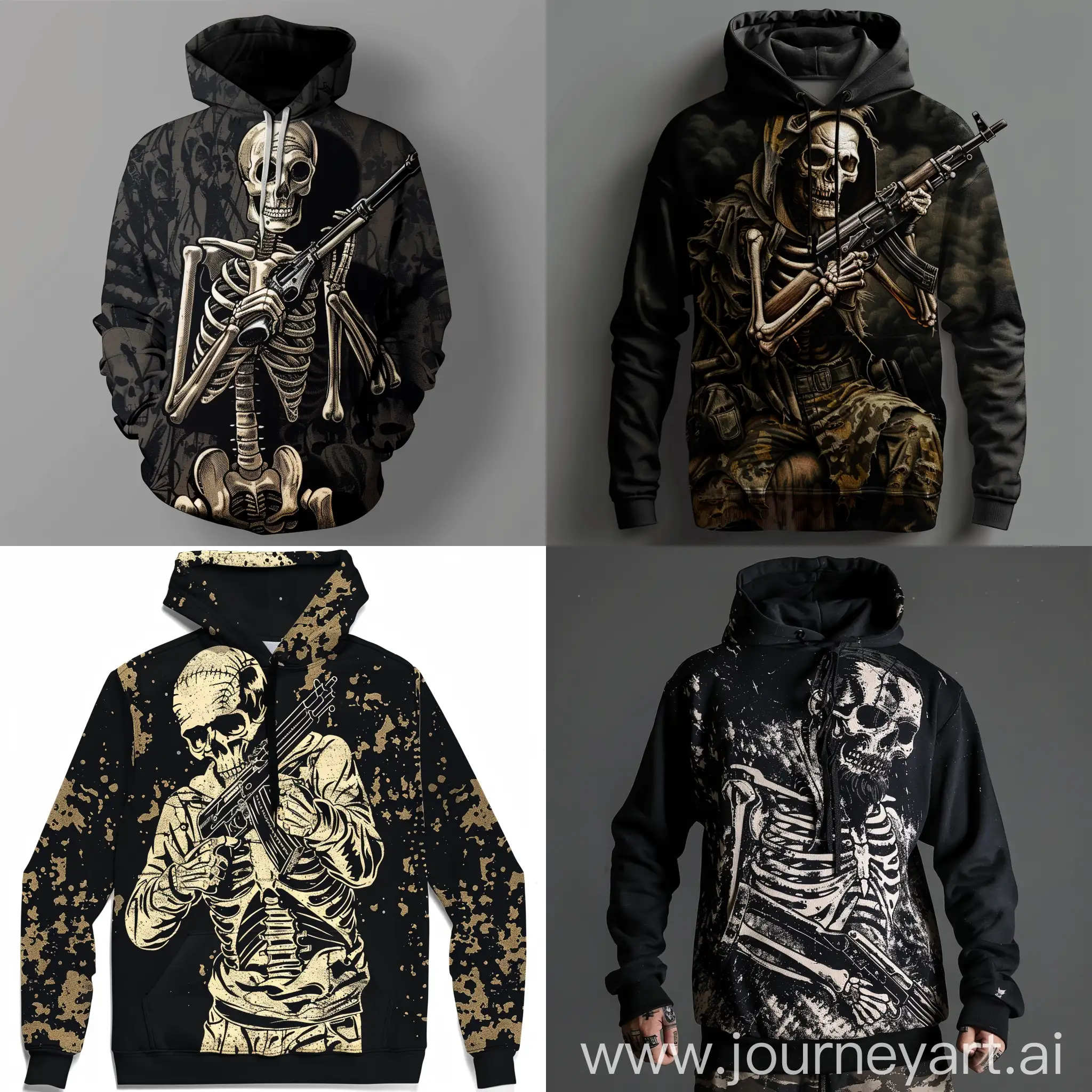 hooded sweatshirt with the image of a skeleton holding a gun, a Ukrainian man, black and while, black bg