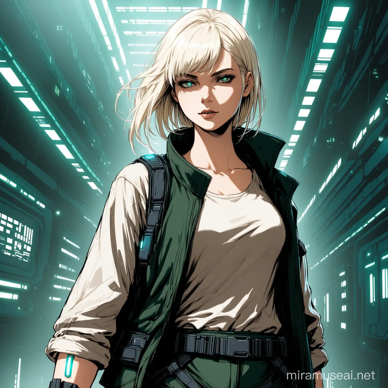 create a bladerunner replicant. she has blond lone white hair. . she wears civilian clothes
