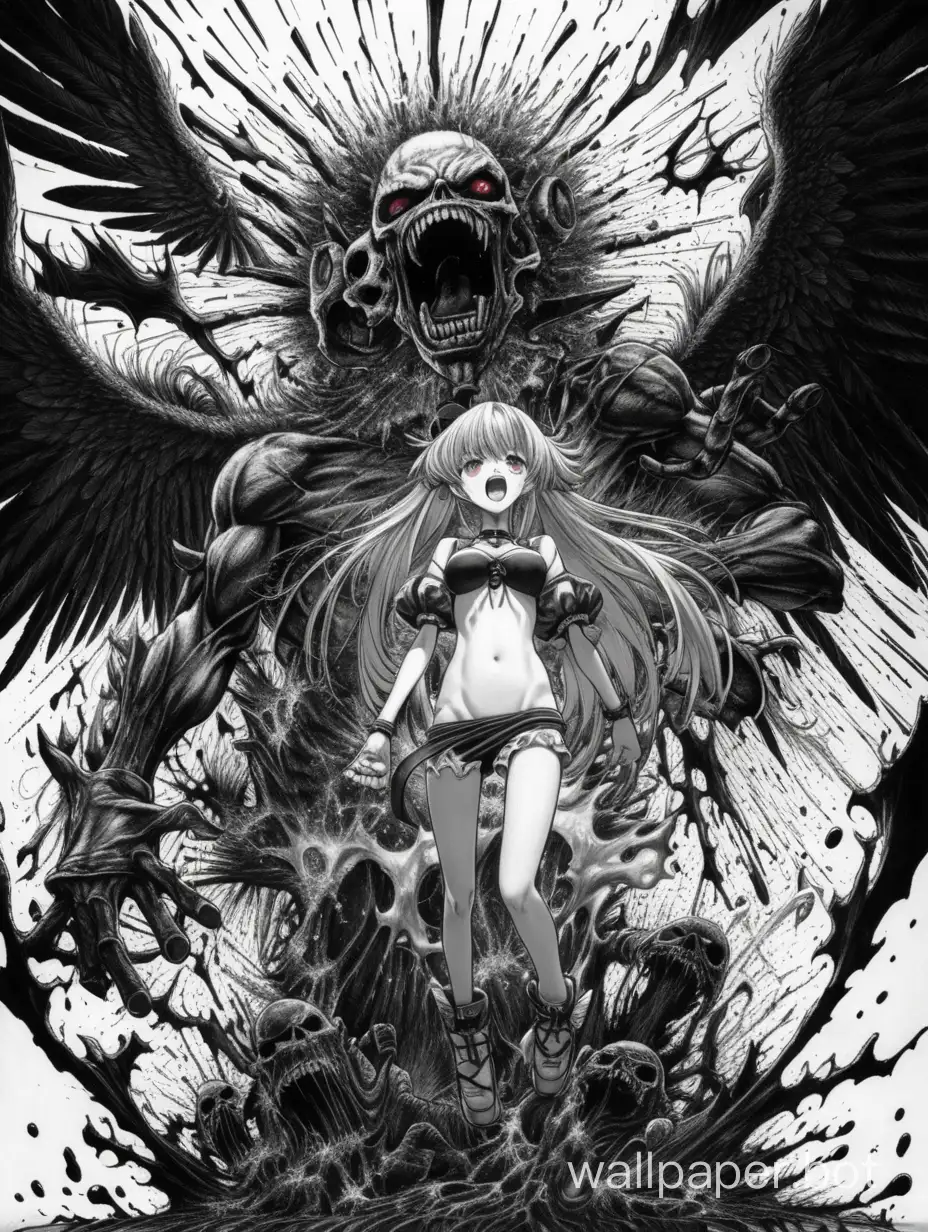anime of horror, hentai angel, grotesque explosion of rage, linearity, dripping ink, hyper-detailed anime art,