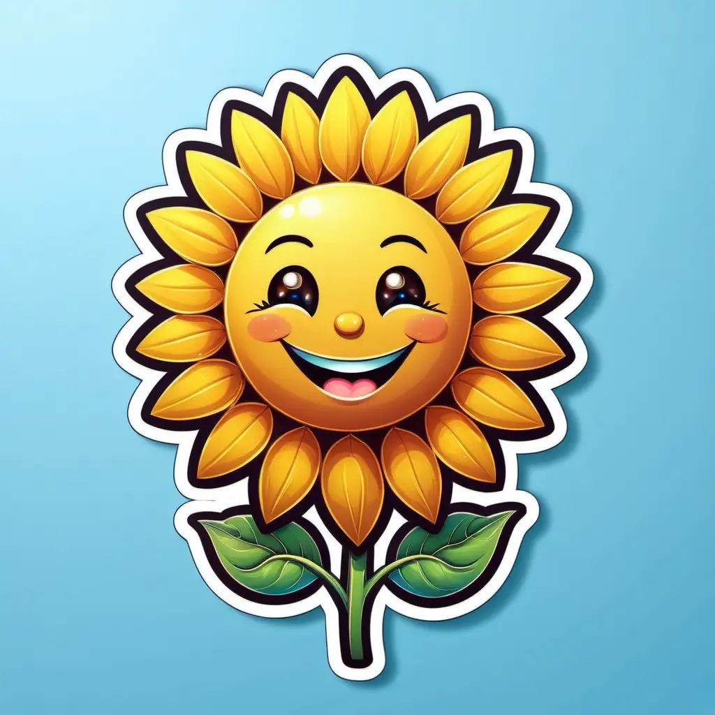 A smiling cute sunflower on a sky blue background, sticker style, ultra detailed