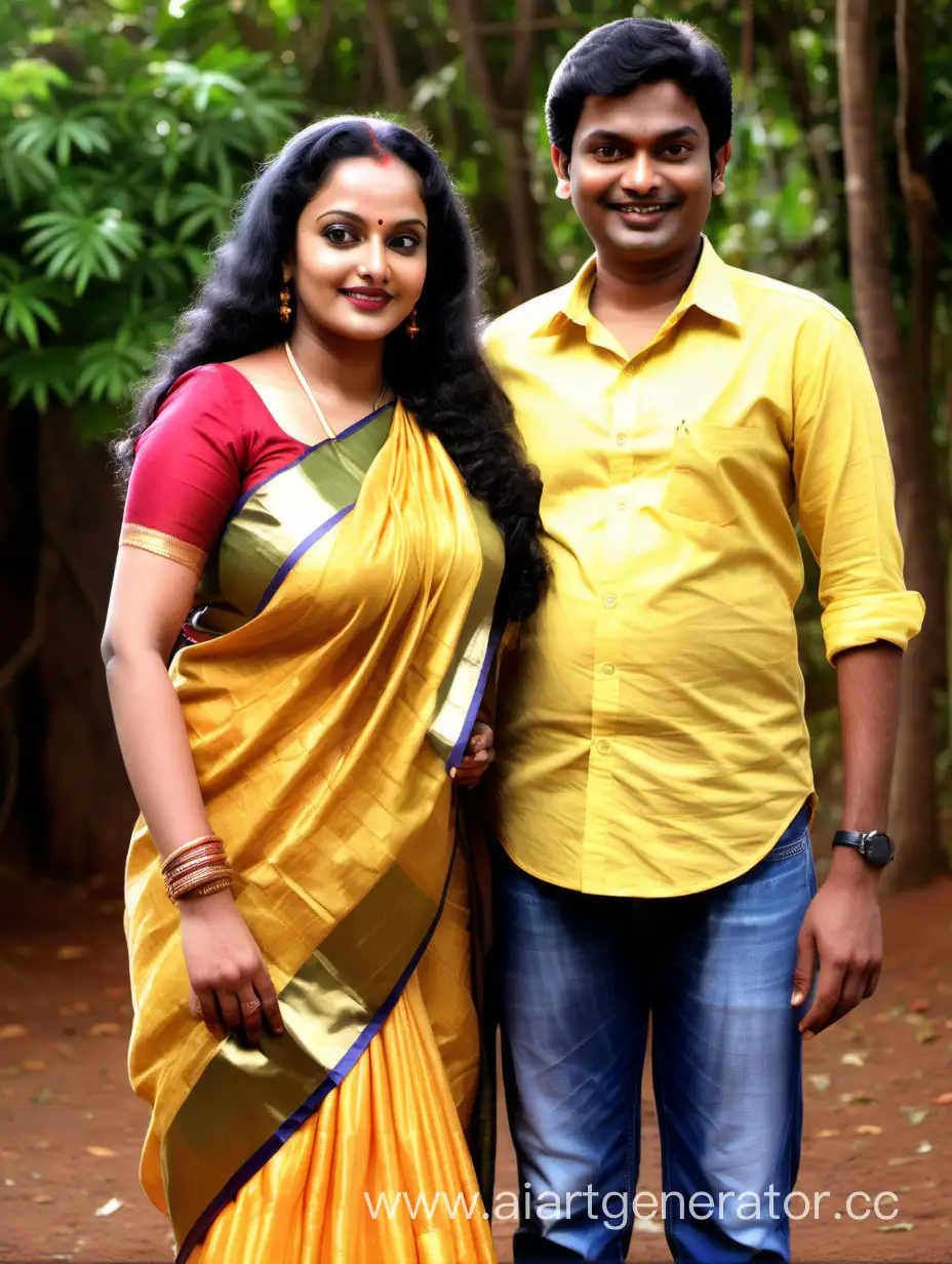 Full body image of A 45 years old kerala woman who looks exactly like malayalam movie actress Swetha menon and a 19 year old kerala boy who looks like very sweet. The woman has very long hair. They are celebrating new year.