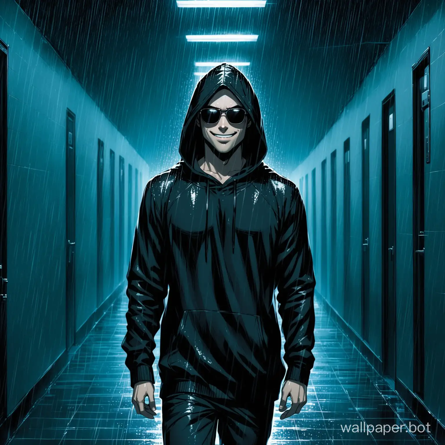 Guy, in a black hoodie, in the rain, wearing sunglasses, sinister smile, night, in the hallway