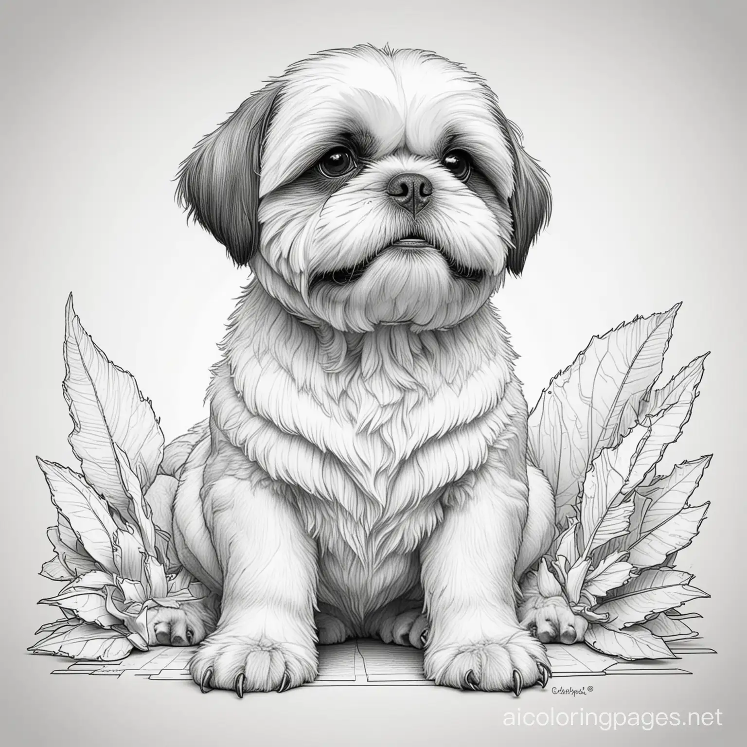 head of a shih tzu attached to the body of a dinosaur, Coloring Page, black and white, line art, white background, Simplicity, Ample White Space. The background of the coloring page is plain white to make it easy for young children to color within the lines. The outlines of all the subjects are easy to distinguish, making it simple for kids to color without too much difficulty