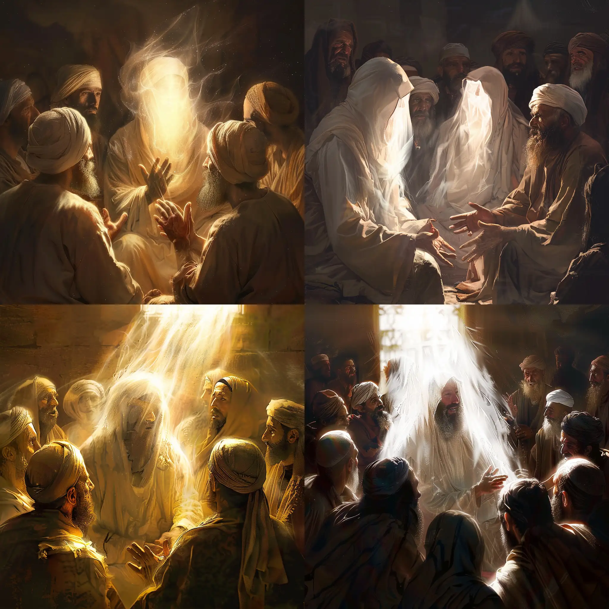 Prophet of God speaking to his companions and his face is covered completely by light, artistic style
