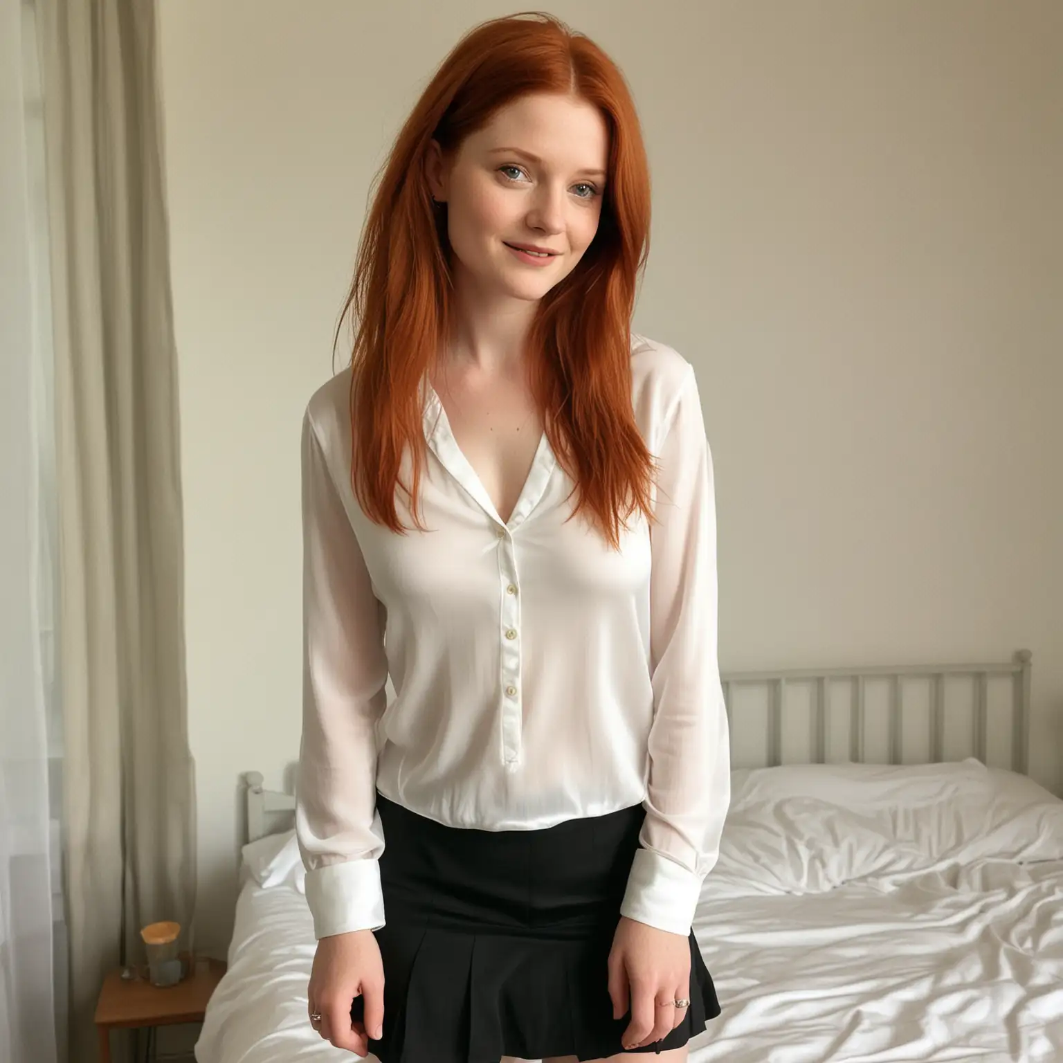 Bonnie Wright Smiling in Ivory Silk Shirt and Black Skirt