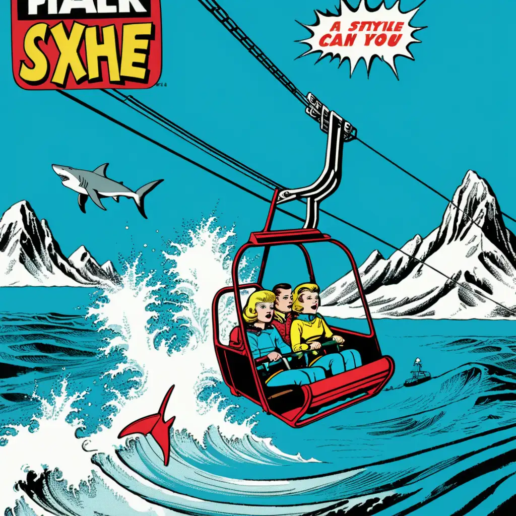 a ski lift in the ocean. a shark attacks you
[style: 1960s comic book]
[art influence: abstract pop art]