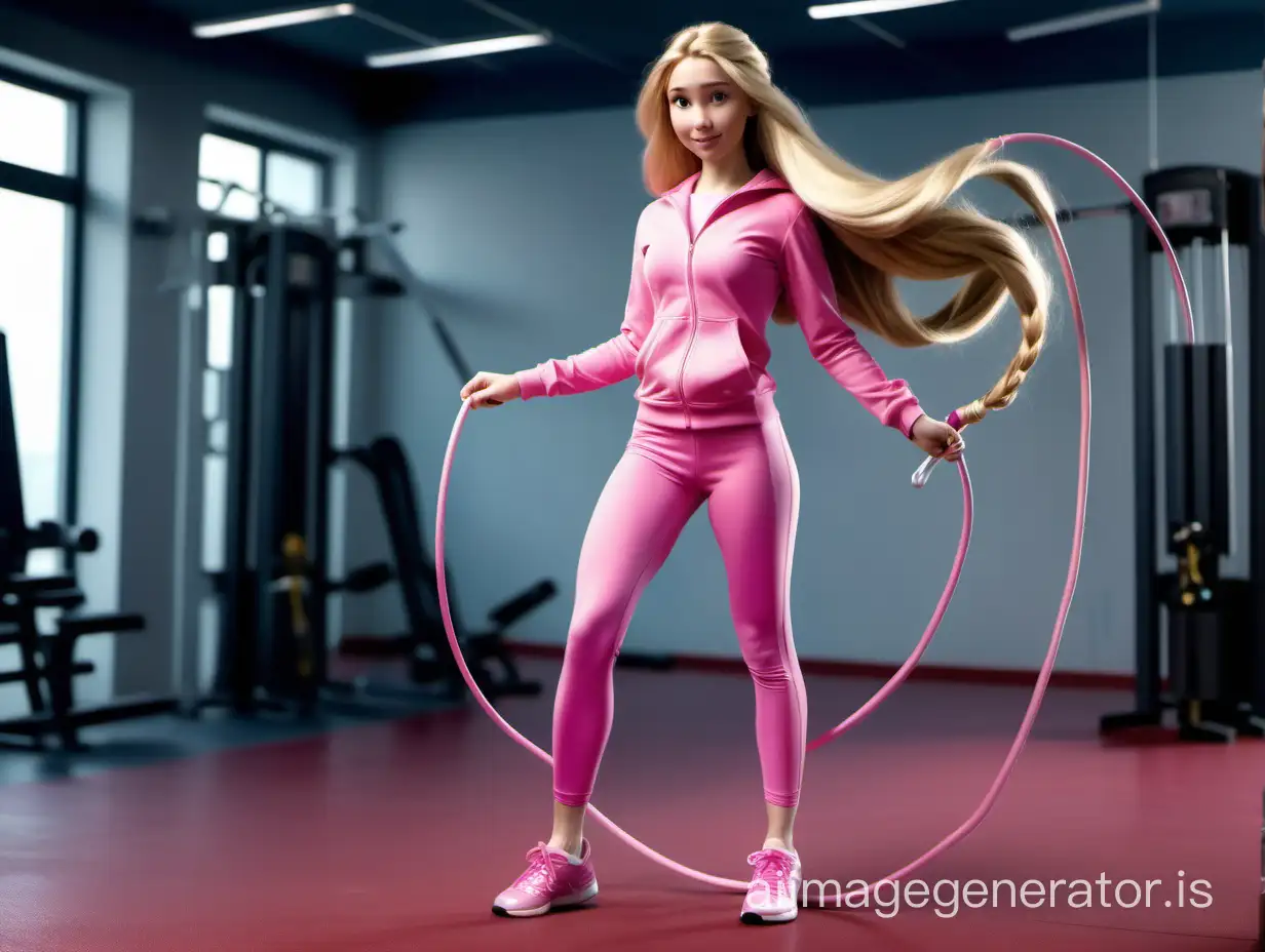 Disney princess Rapunzel in a pink sports suit with long blonde hair in a gym at full height with a jump rope realistic photo girl correct proportions