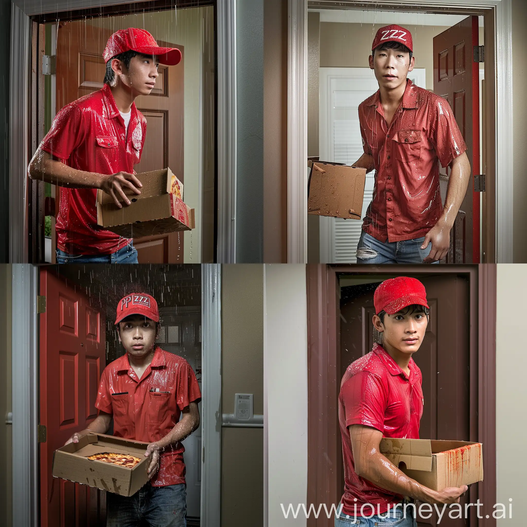 Handsome-Asian-Pizza-Delivery-Man-at-Doorway-in-Rain-with-Pizza-Box