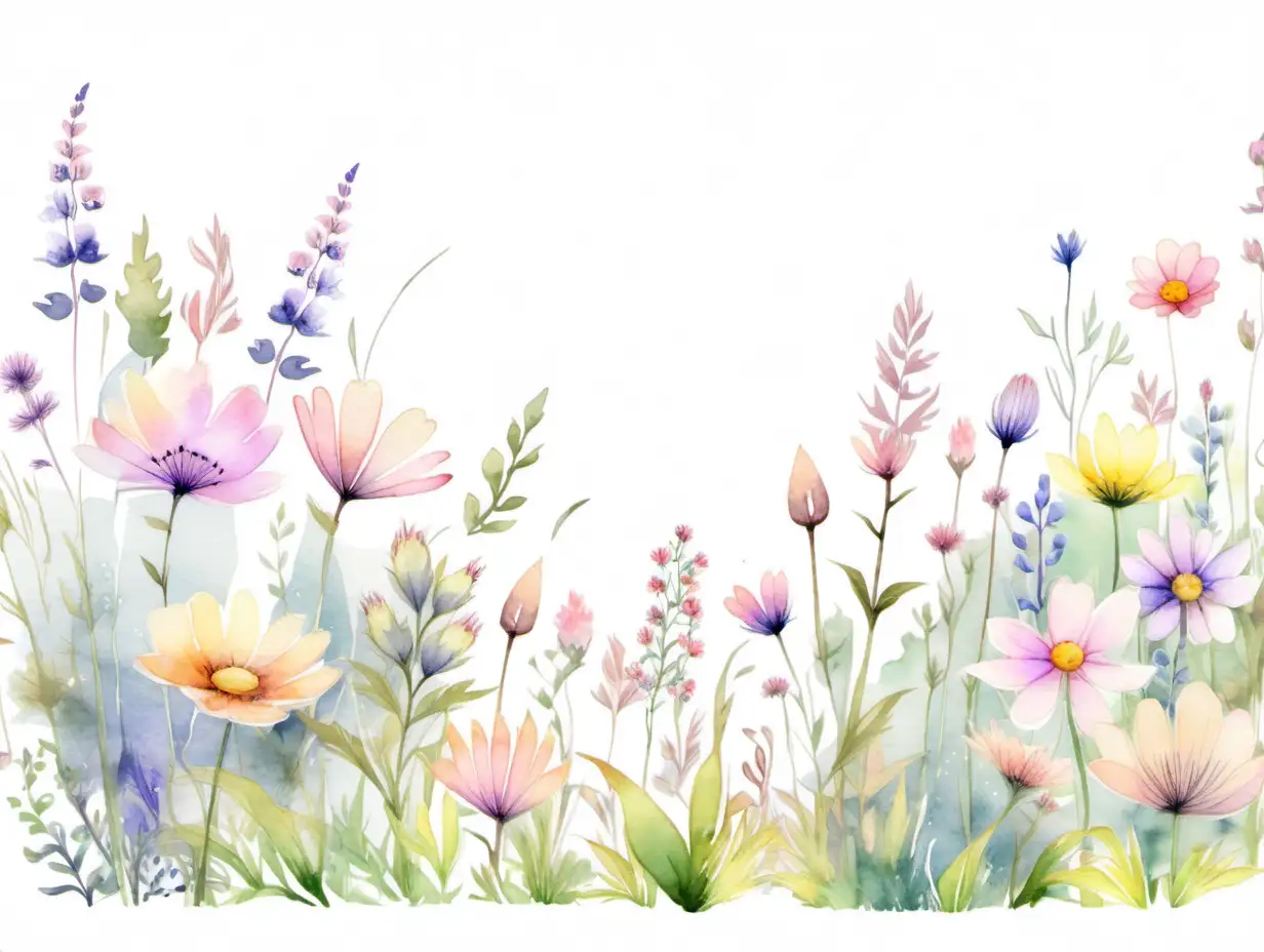 Whimsical Fairytale Scene in a Pastel Spring Meadow with Watercolor Wildflowers