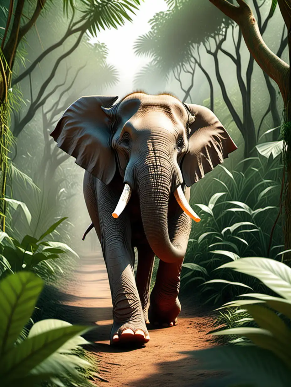 Gentle Elephant Strolling Through Lush Jungle Childrens Book Illustration
