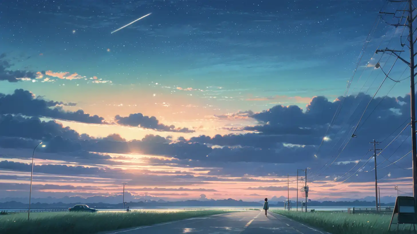 Night sky fading into morning sky. Makoto Shinkai art style. No imperfections