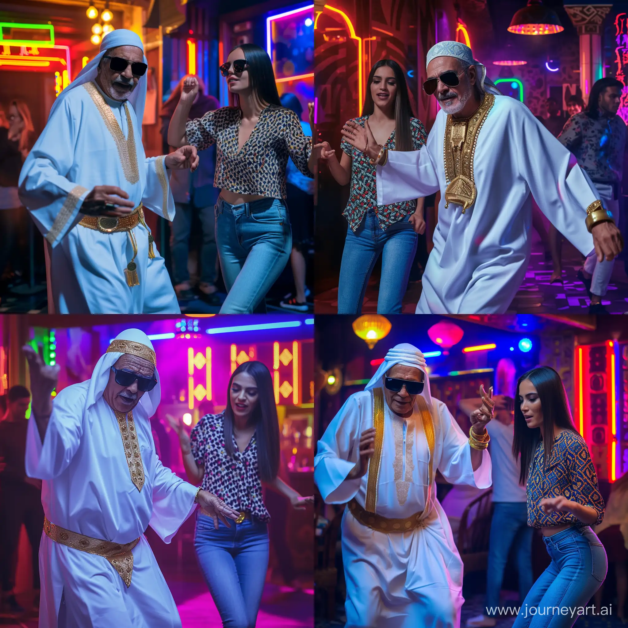 Imagine prompt: A Moroccan elder in traditional white jellabah, and gold accessories,  wearing dark sunglasses, joyous in a vibrant nightclub atmosphere, a girl in a patterned blouse and jeans, straight dark hair dances freely nearby, clearly apart. Both are dancing with hands up. Background has club-goers and neon lights. Created Using: authentic traditional costume details, dim club lighting, vibrant neon colors, cultural attire detail, nightclub ambiance, clear separation of subjects, HD quality, natural look --ar 1:1 --v 6.0 --ar 3:4 --no 99332