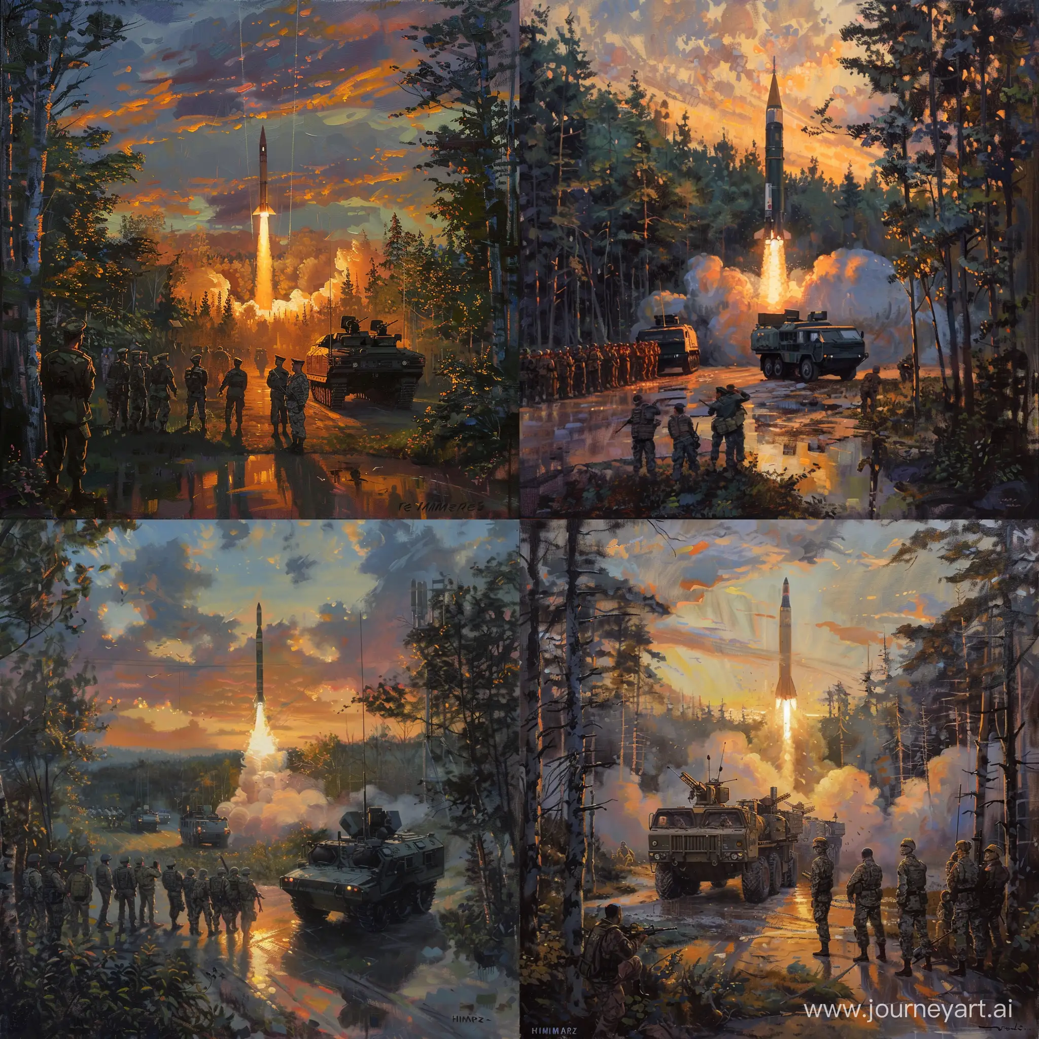 The painting depicts the mobile rocket complex HIMARS, located in wooded terrain. It can be seen how the rocket is launched, leaving behind a trail of smoke and flames. Around it stands a group of soldiers observing the launch, and the commander giving instructions. The reflection of the sunset rays on the faces of the soldiers and the armored vehicles creates a tense atmosphere. --v 6 --ar 1:1 --no 12587