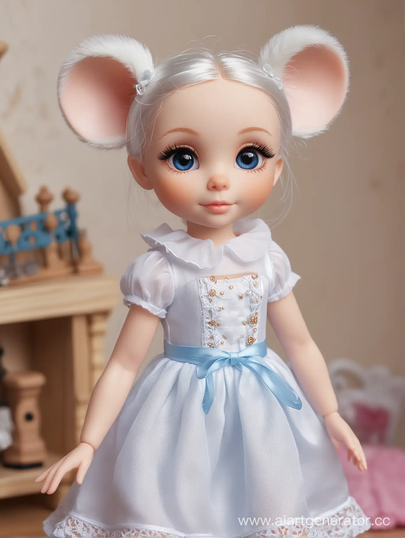 милая кукла девочка подросток Мышка, White-Mouse, white-doll, голубые-глаза,  белая-мышь, брюнетка, black-hair, Enchantimal в кукольном домике