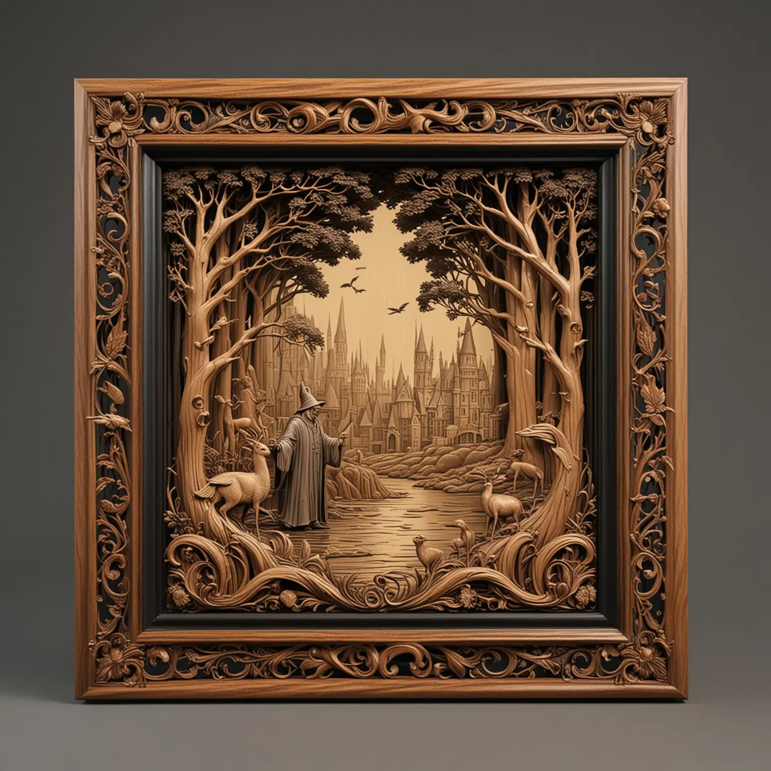 3d and tilable wood lacquer frame surround, featuring a finely carved wooden scene from harry potter 
in the style of aubrey beardsley