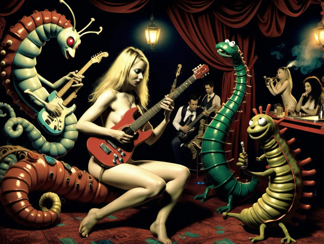  Nude Alice playing quitar with  a saxophonist a hookha smoking catipillar in a nightclub