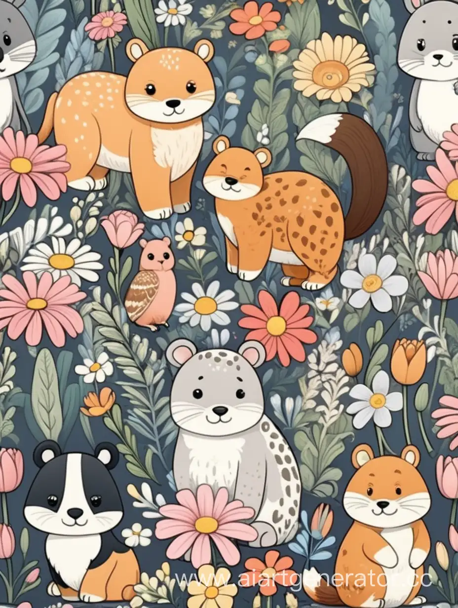 Whimsical-Cartoon-Animals-Surrounded-by-Vibrant-Flowers