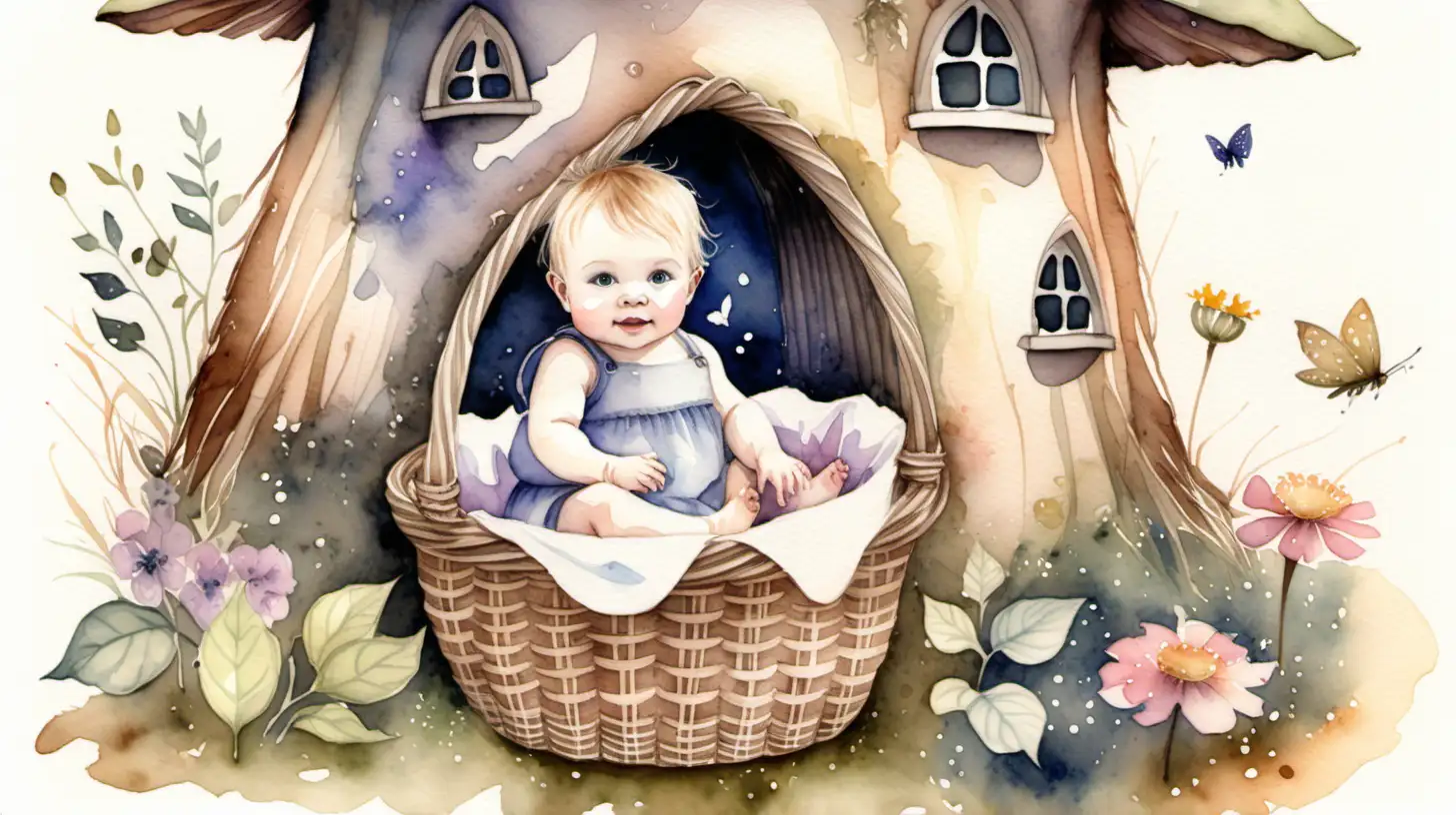 A watercolour fairytale picture of a darkblond baby in a basket outside an enormous fairy house. 



