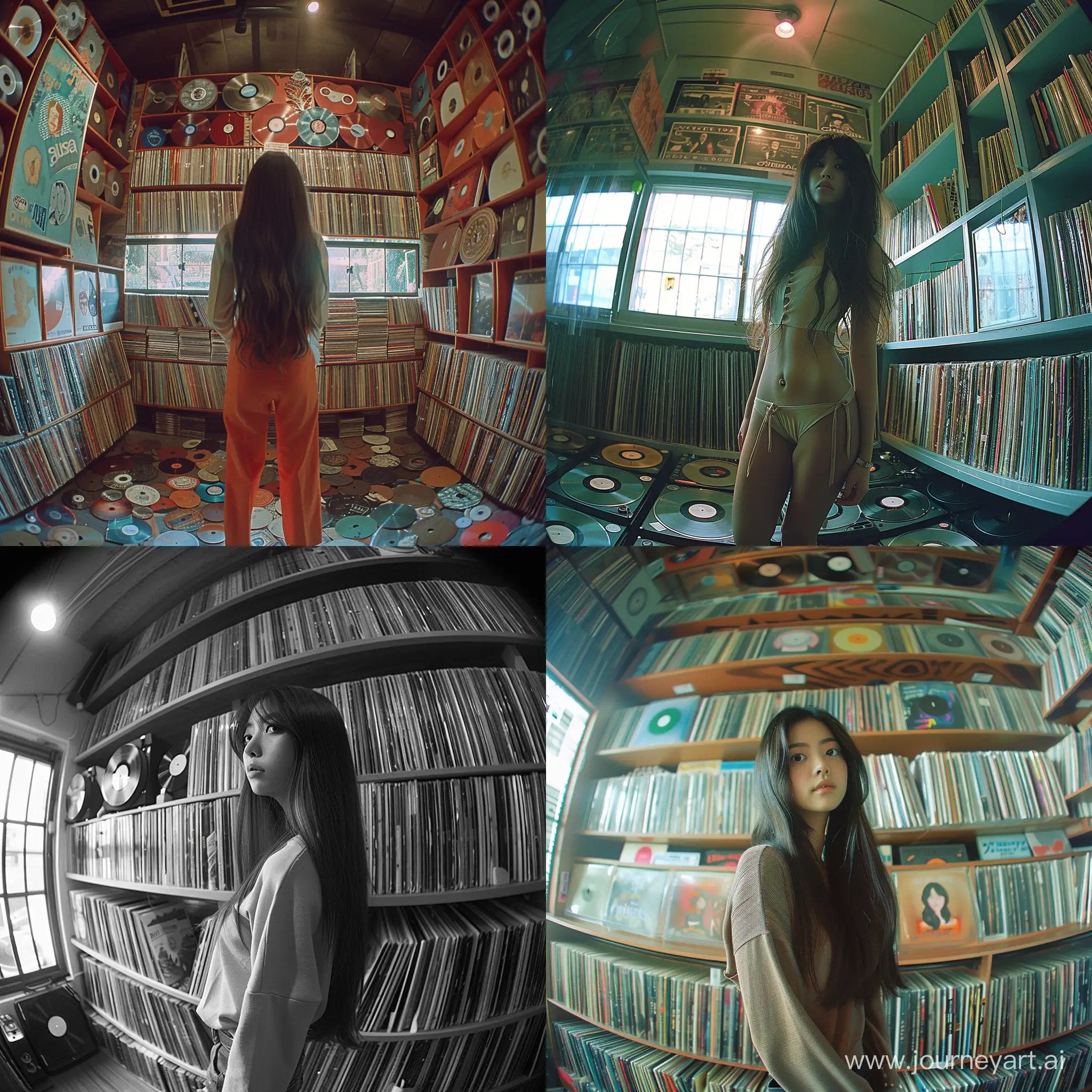 a woman with a long hair standing in front of a wall full of records, in the style of lisa blackpink's, fisheye lens --stylize 250 --v 6