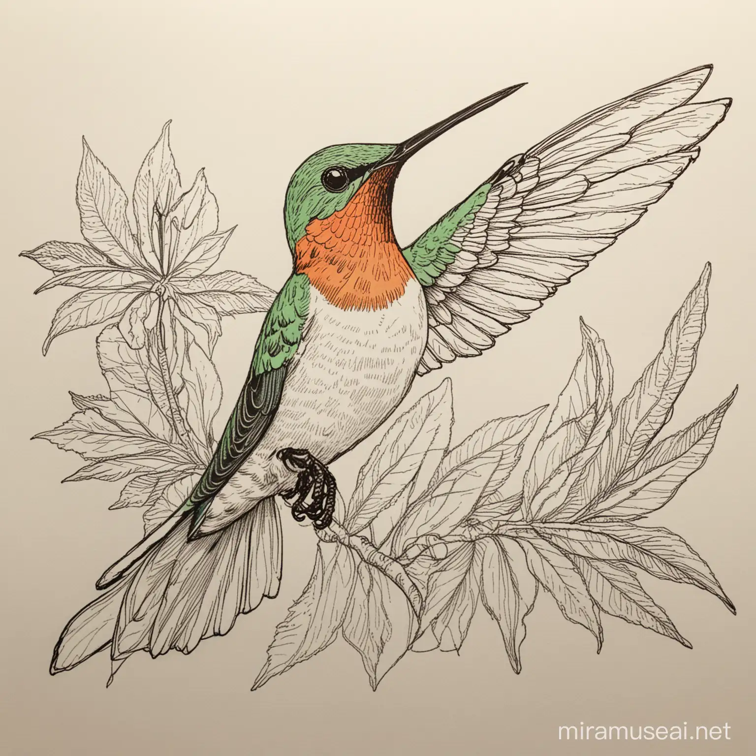 Cuban Hummingbird Delicate Audubon Style Sketch in Vibrant Colors