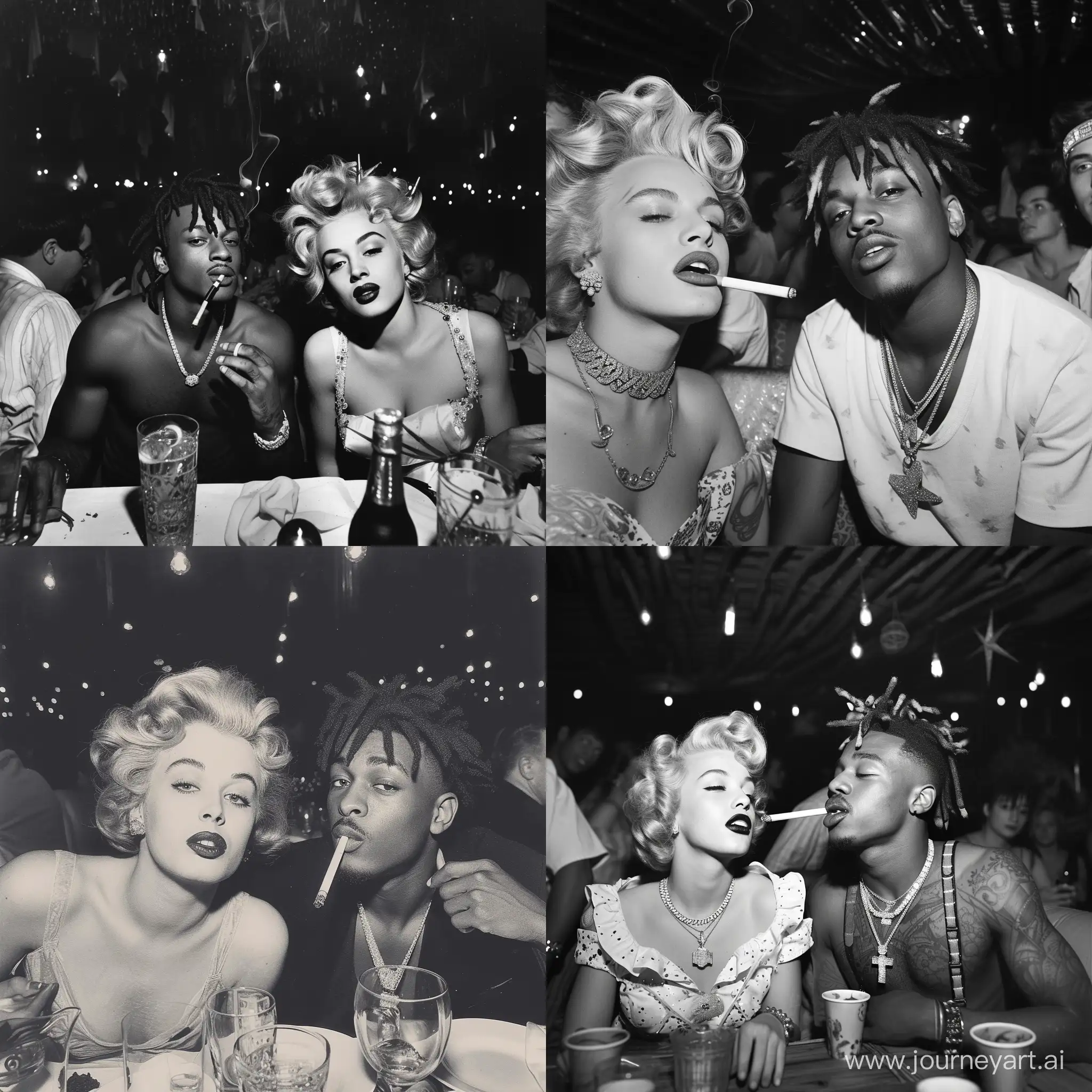 A 1950s Black and White Photograph,of Juice WRLD with Marilyn Monroe,at a celebrity hiuse party smoking.