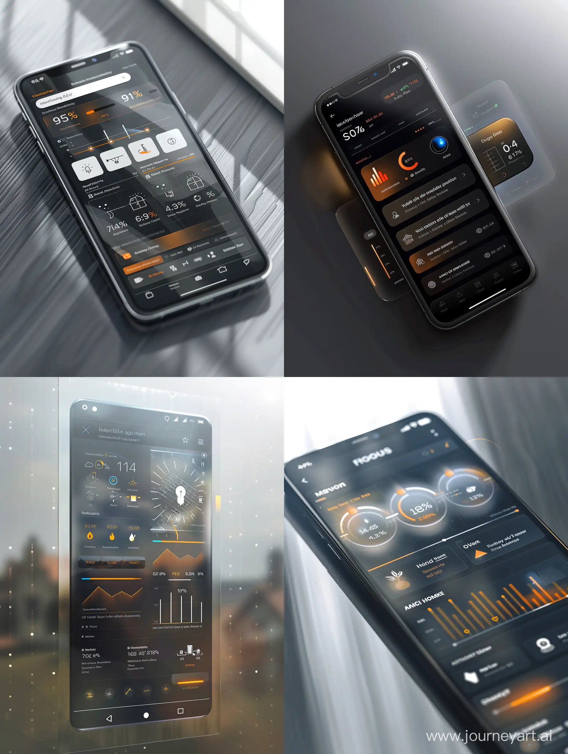 imagine Home Screen (Dashboard) UI
Widgets for real-time energy usage, solar production, and AI recommendations are encased in translucent panels with a subtle blur effect, enhancing legibility while maintaining the aesthetic integrity of the brushed aluminum-inspired background. The bottom navigation bar features high-contrast icons for intuitive access to the app’s main areas.UI design style