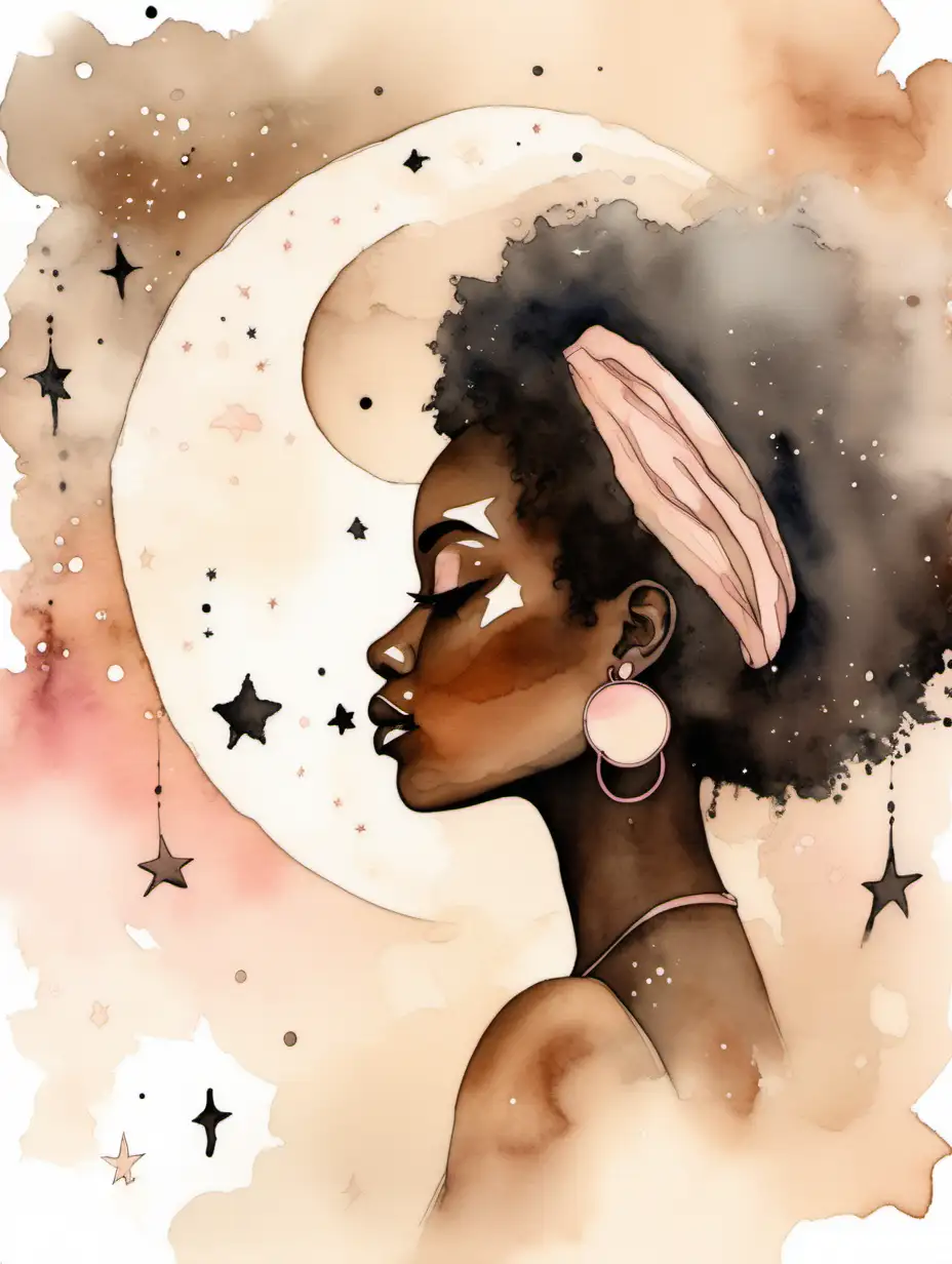 misty water color background in light beige with subtle stars and moons with profile outline of a black women in soft browns and pinks
