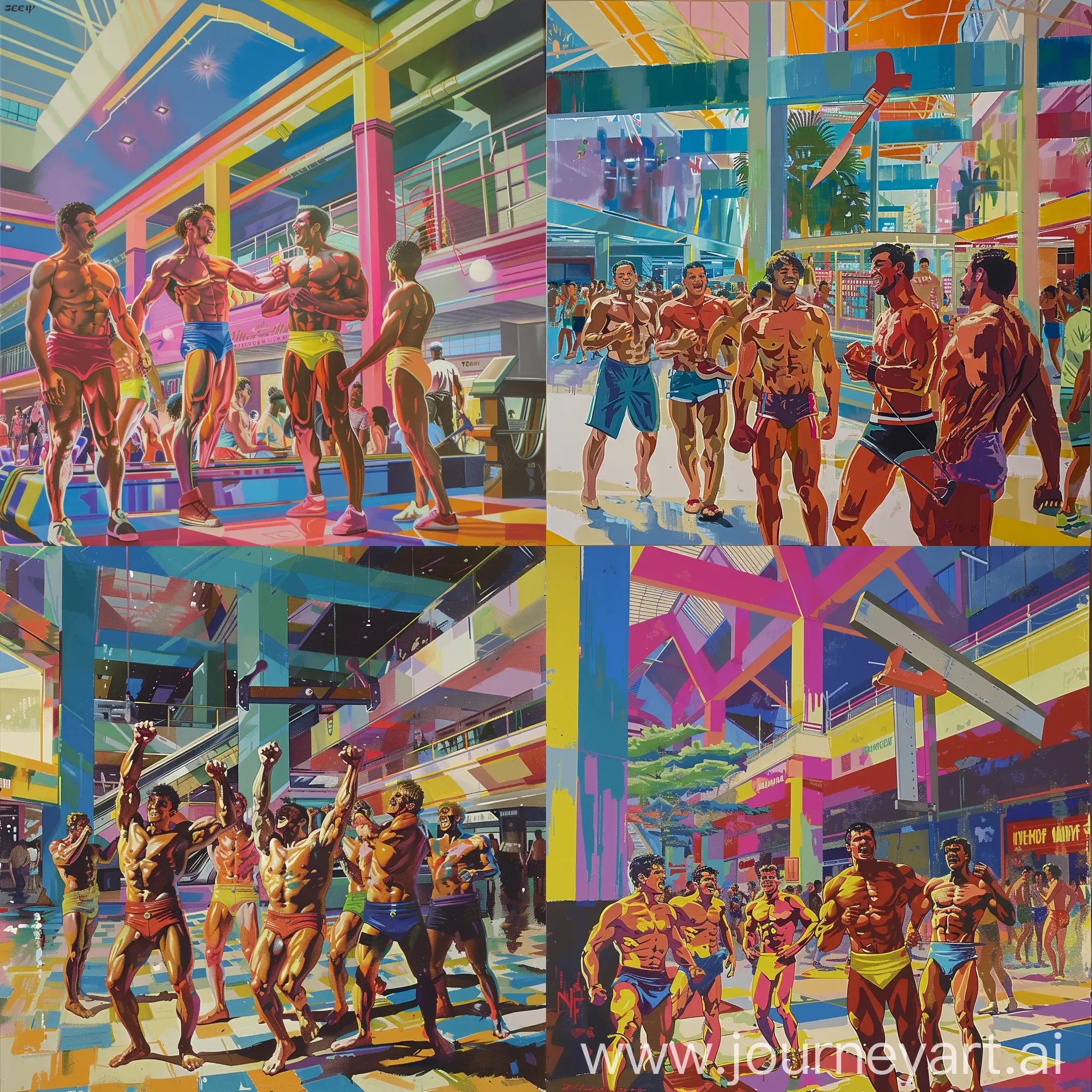 a colorful painting of a group of playful muscular men inside a mall with a guillotine display in the 1980s