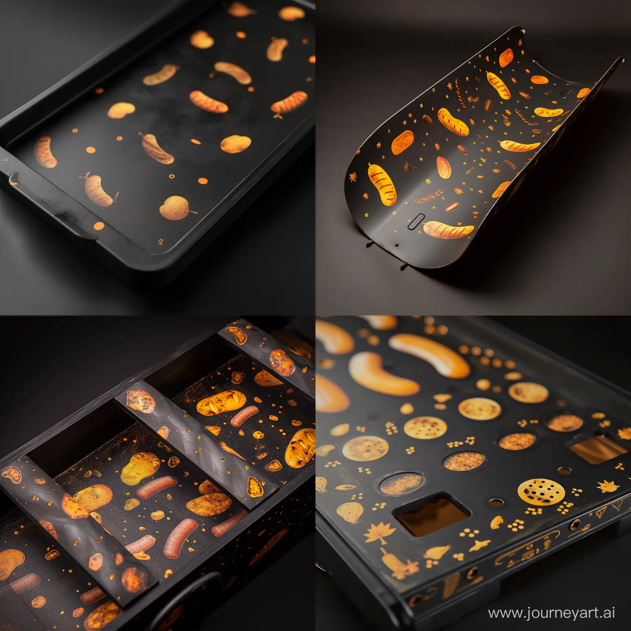 An empty potato hopper with a design on it with a beautiful matte black background. Small pictures of sausages and potatoes are designed on it in yellow and orange colors.