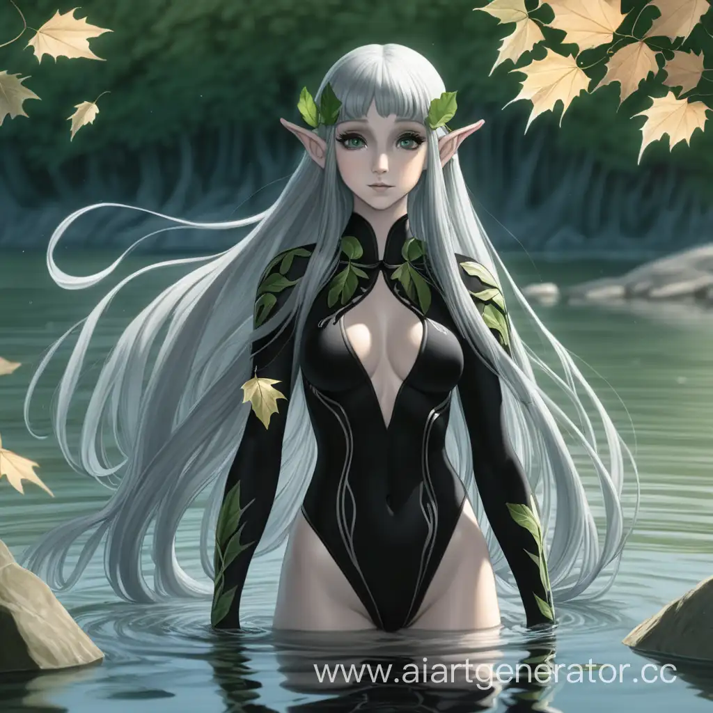Девушка-эльф, очень длинные пепельные волосы, выходит из озера на берег, надет обтягивающий черный комбинезон из листвы