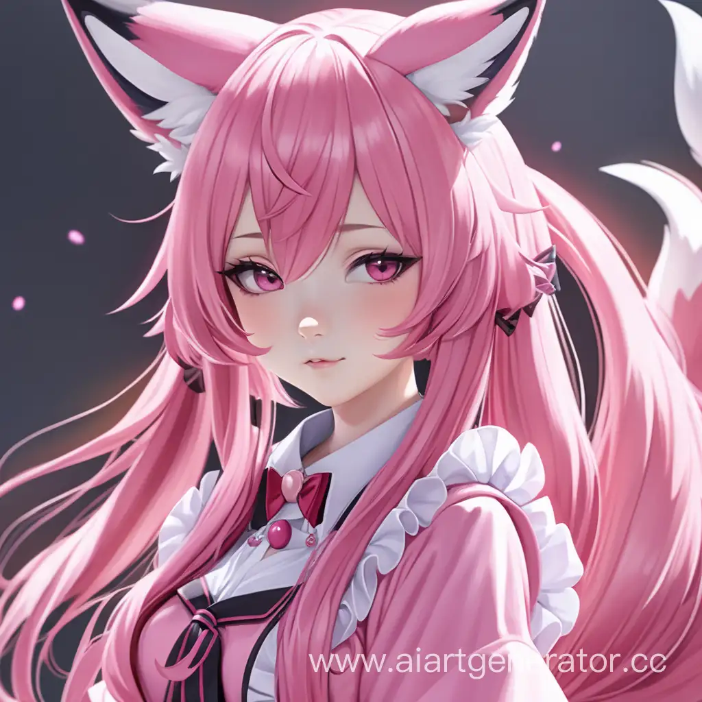 anime fox girl with long pink hair, with a tail and fox ears, in a beautiful pink outfit With a sly face