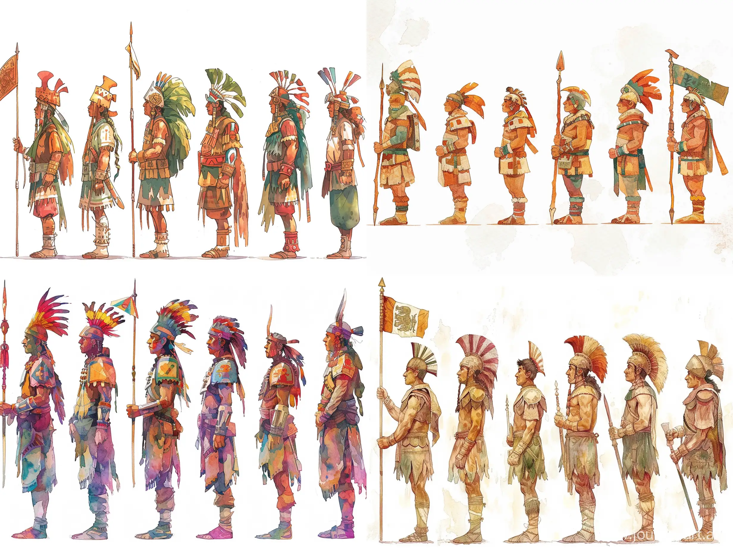 Ancient-Aztec-Warriors-Holding-Flags-Six-Stylized-Caricatures-in-Decorative-Watercolor