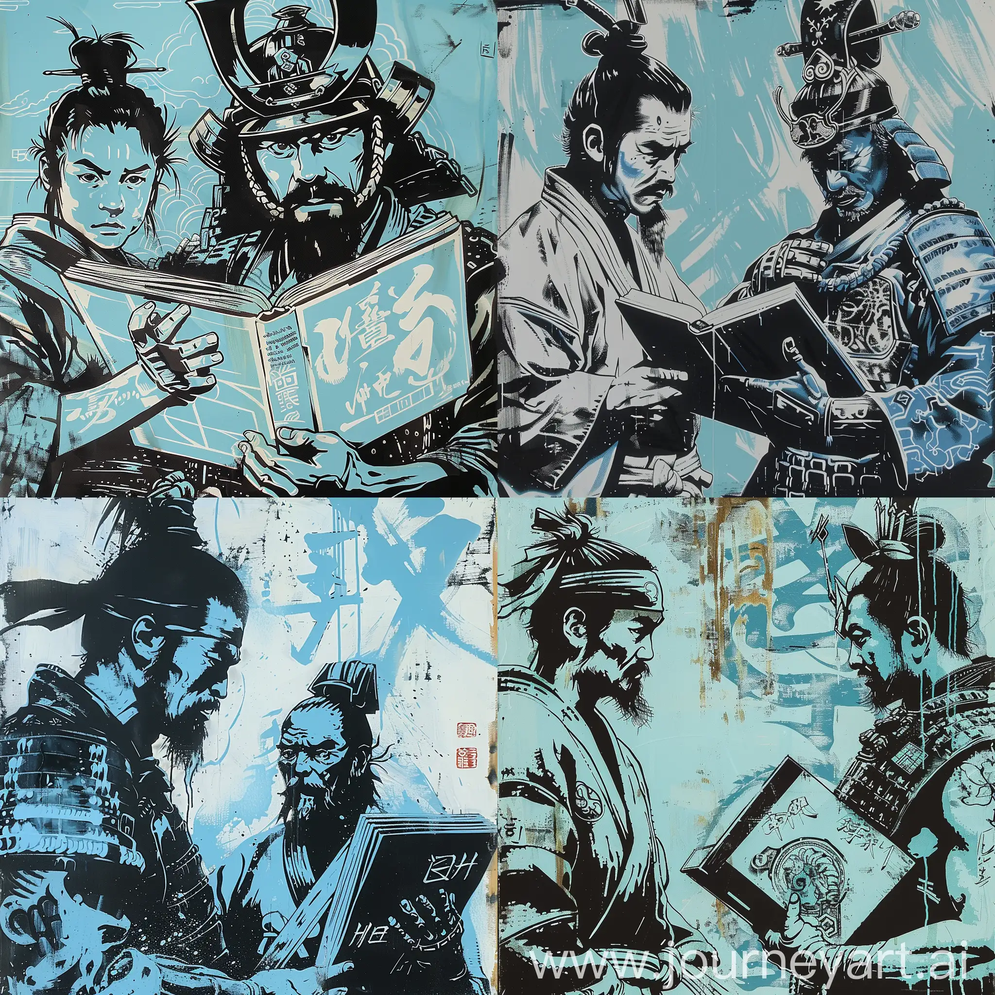 a painting with a samurai and a Chinese kyokushin karate character holding a reference book, in the style of Jerome Roakes, Douglas Smith, Aron D Emetz, screen printing, light blue and black, arabesque, close-up