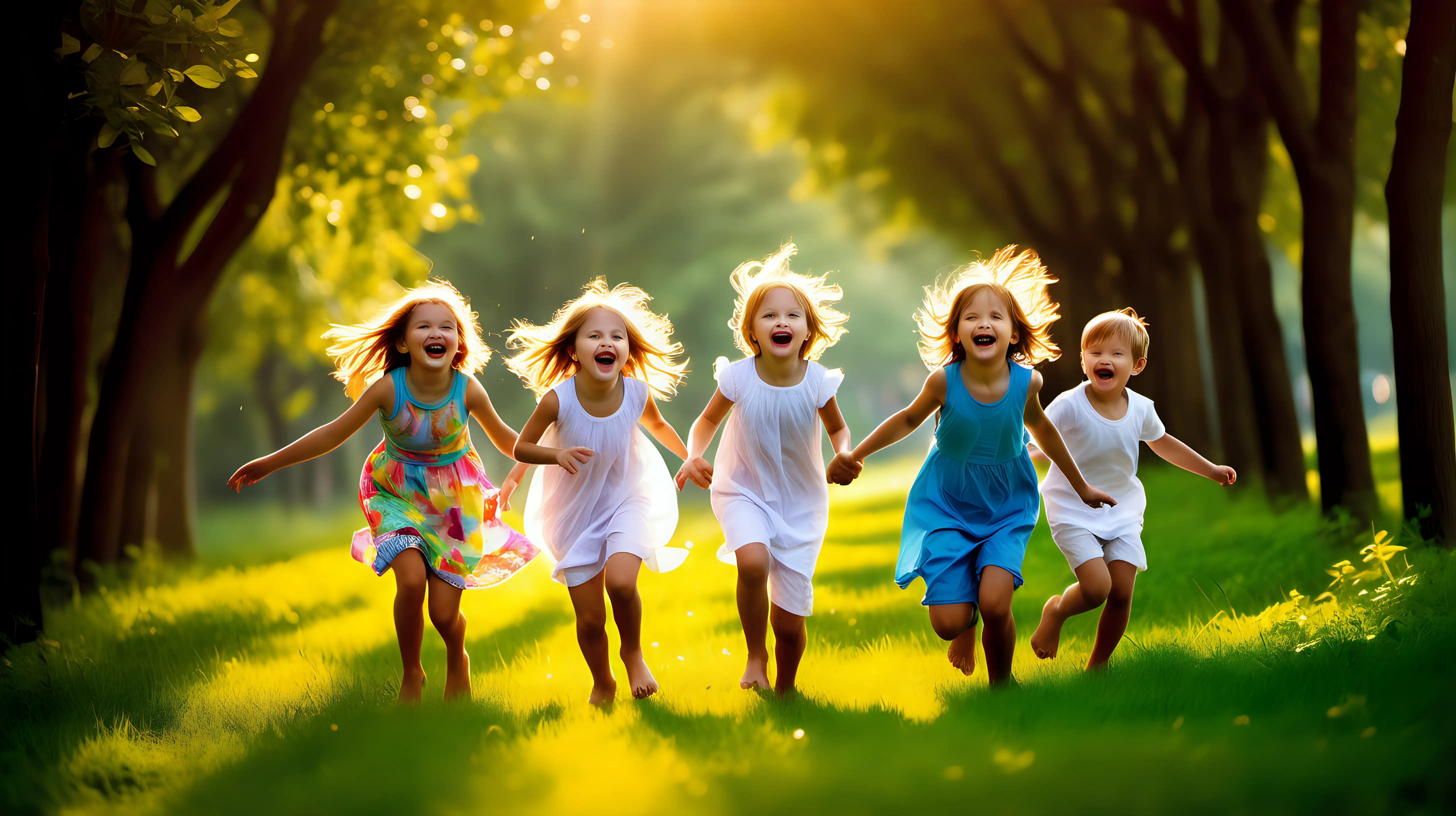 Enchanting Childhood Joy Radiant Children Amidst Vibrant Landscape