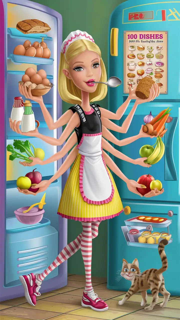 Cheerful Cartoon MultiArmed Girl in Kitchen with Cat and Colorful Produce