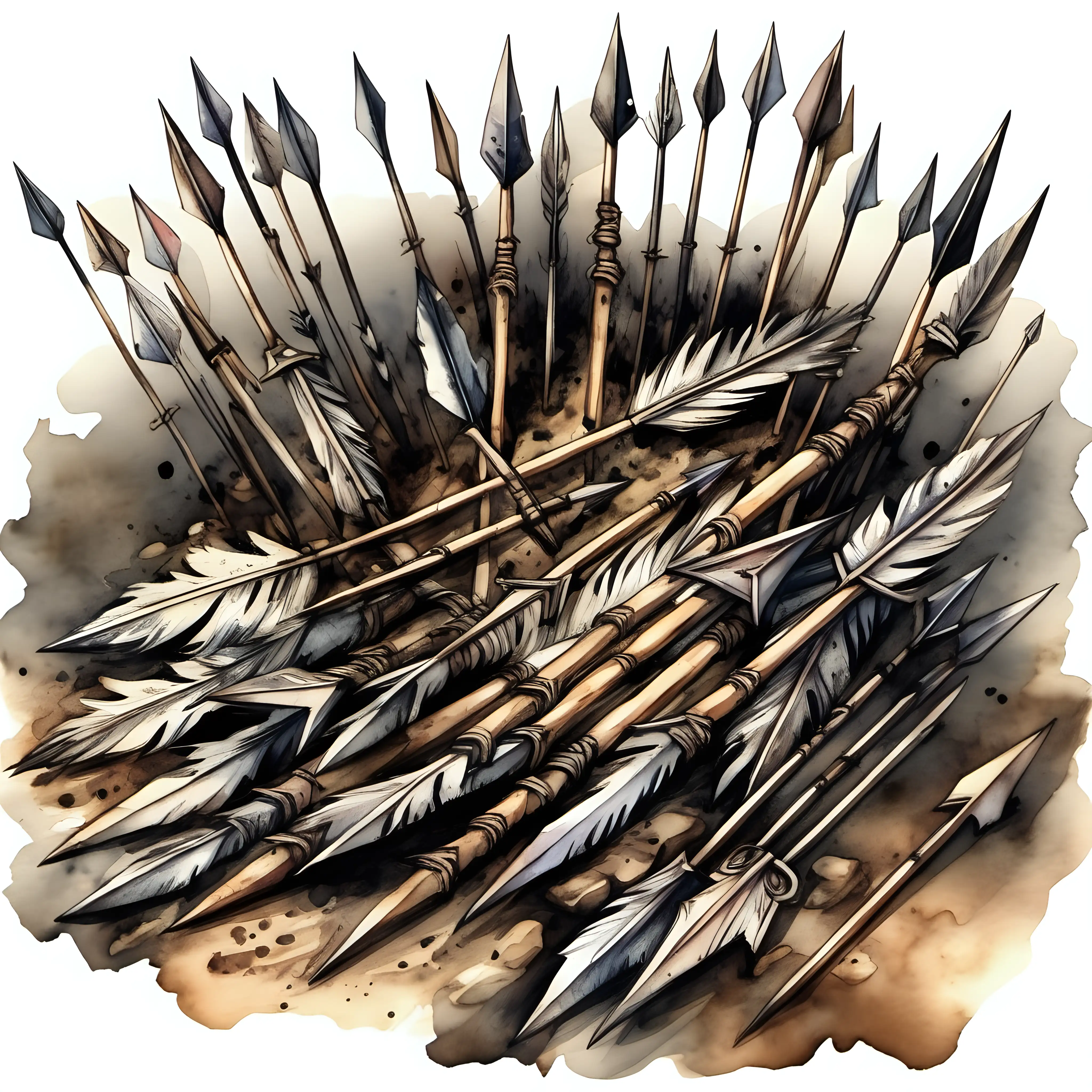 medieval pile of arrows with feathered ends on the ground, dark watercolor drawing, no background