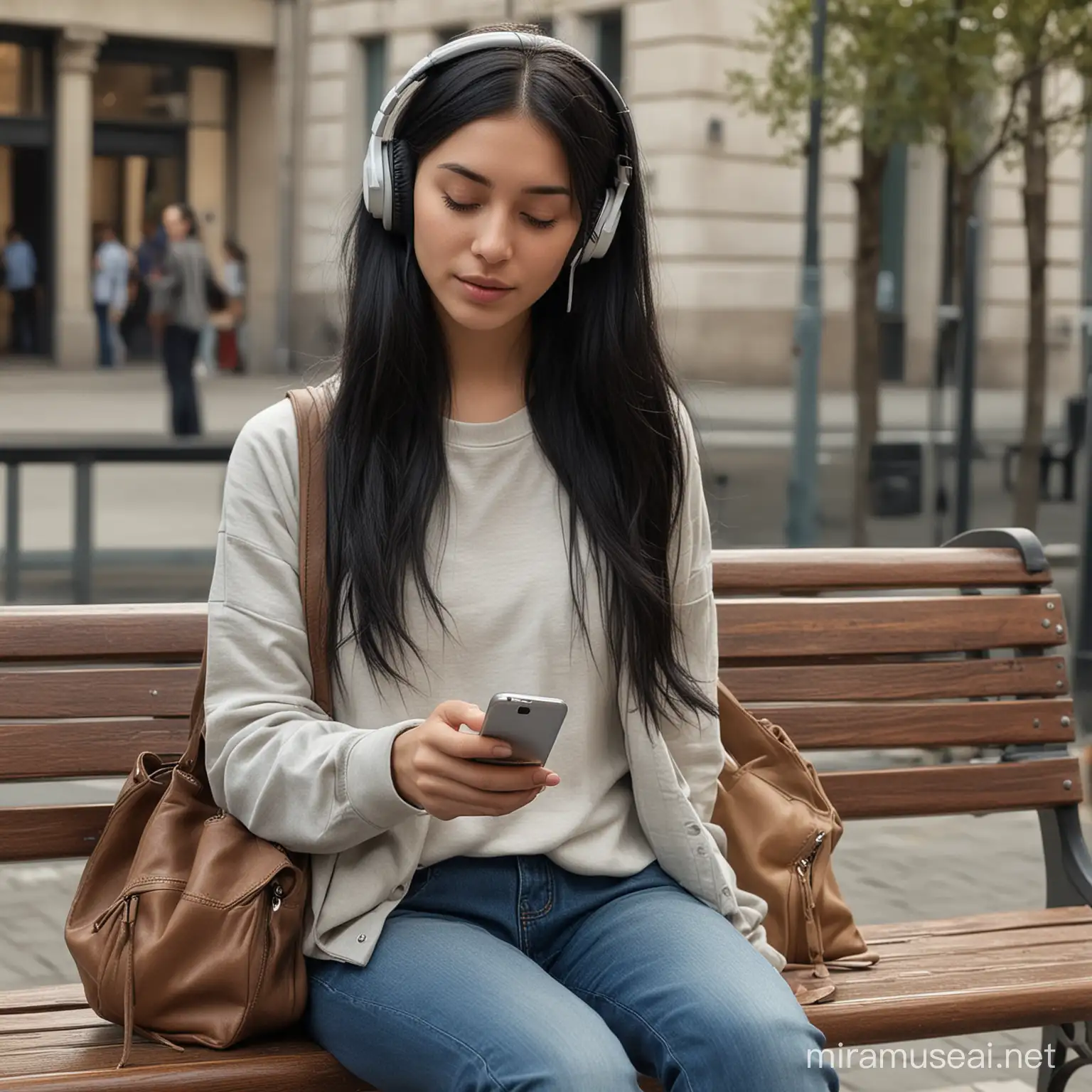 A modern-day urban scene of a young woman with long black hair sitting on a bench, listening to music on her phone with headphones, holding a smartphone in one hand, a bag beside her, wearing long sleeves and pants, detailed realism, solo, square orientation. --s 150 --ar 1:1 --c 5