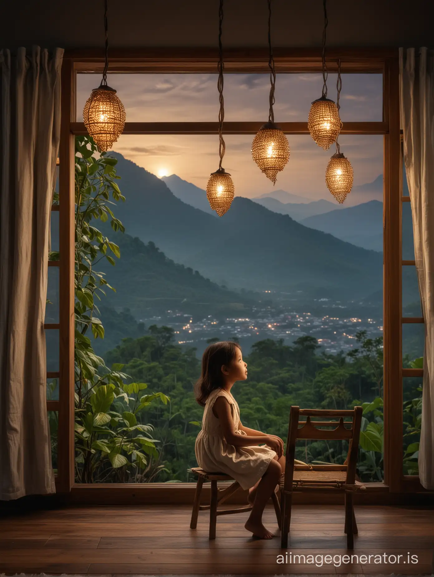 A six year old Indonesian girl sit on the Wood and chair wood. She pondered and looked at the window in the night. Add the hanging lamp. Add leaves on the table. Background mountains.